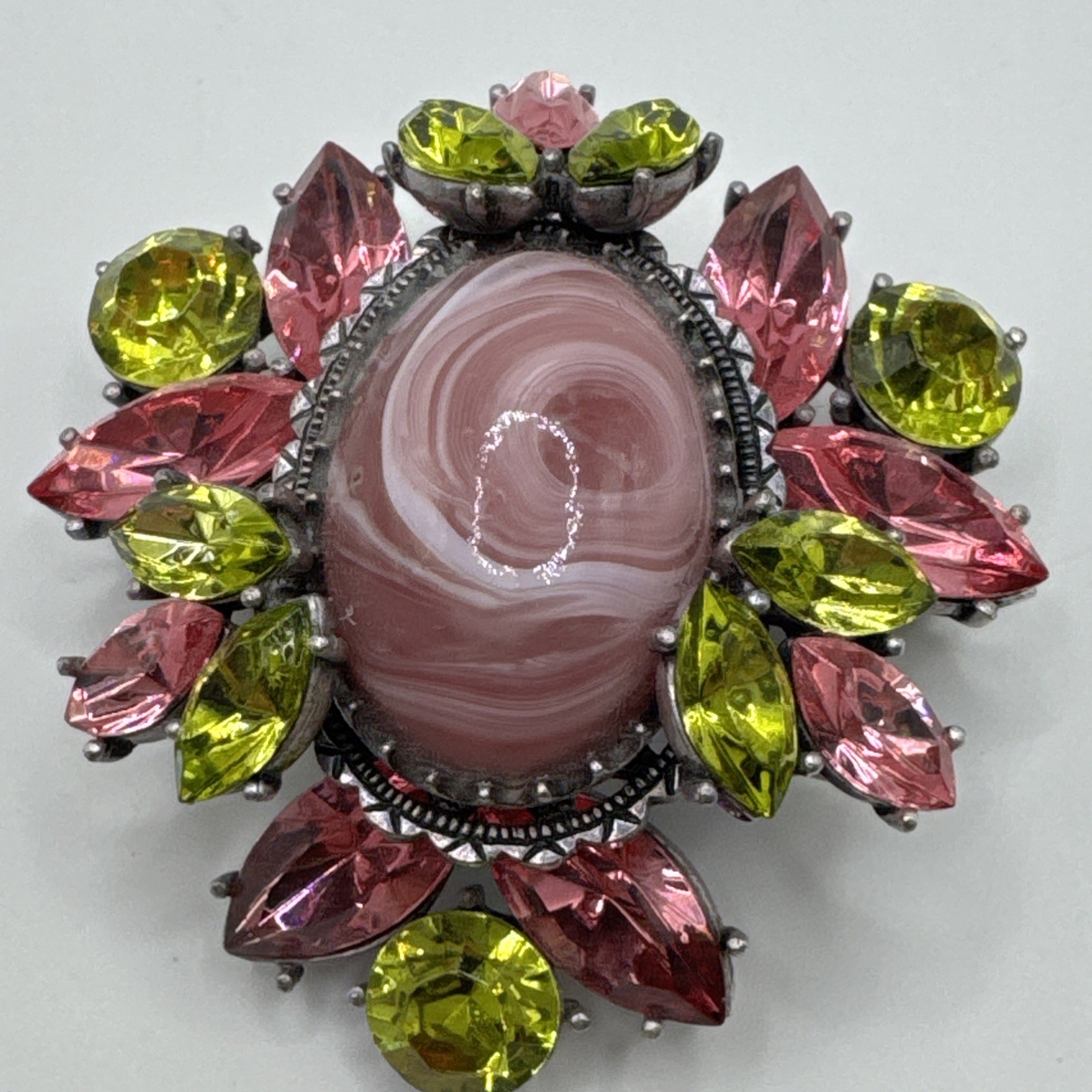 Vintage Flower Large Pink Center Stone with Pink and Green Crystals Brooch Pin