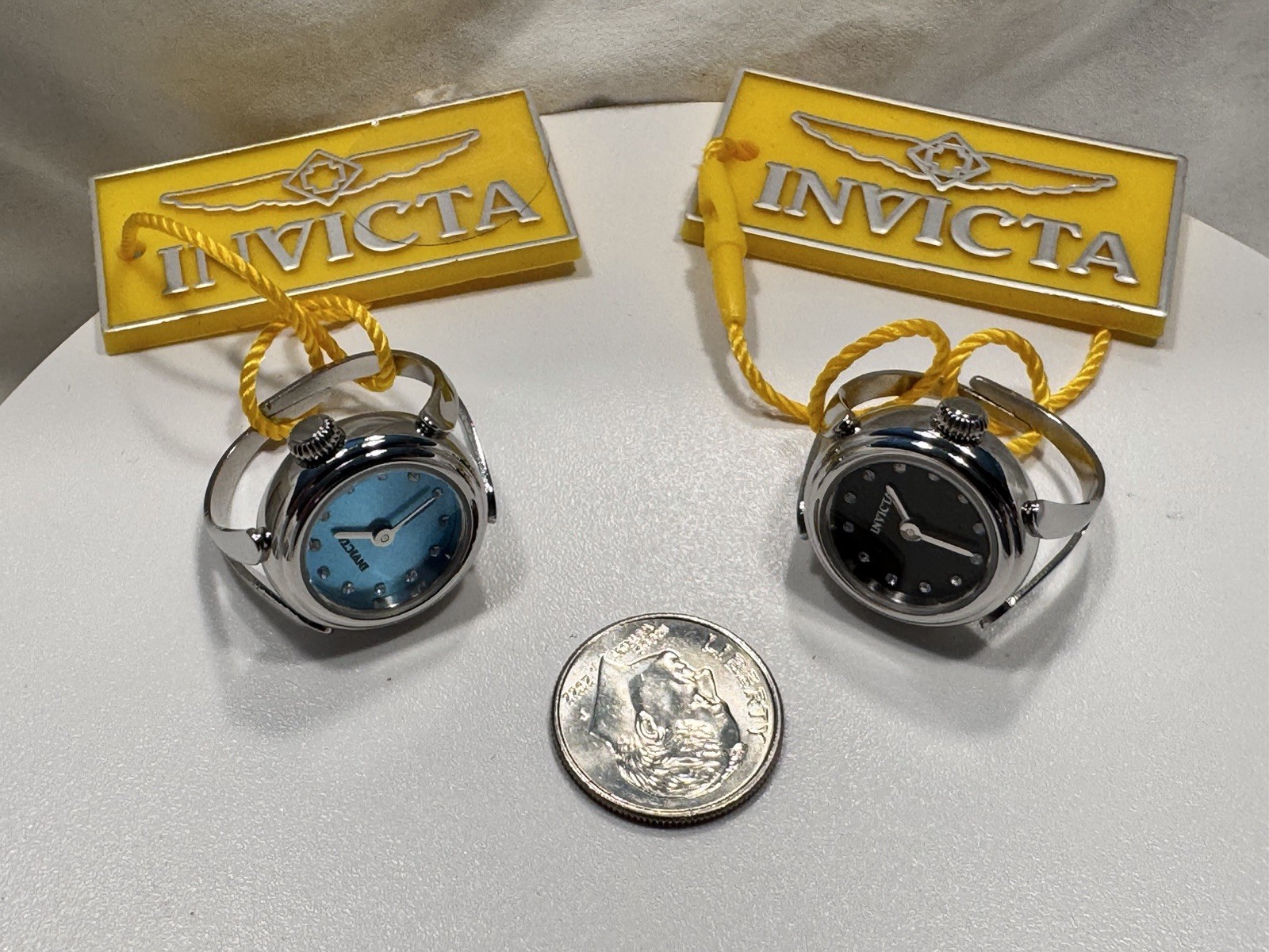 Ladies Invicta Mini Angel Adjustable Ring Watch 17.5mm Pair. 1 Blk, 1 Blue