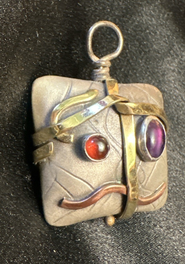 SMB Artesian Signed Sterling Silver, Multi-Metal & Gem 3-D Pendant 1”square