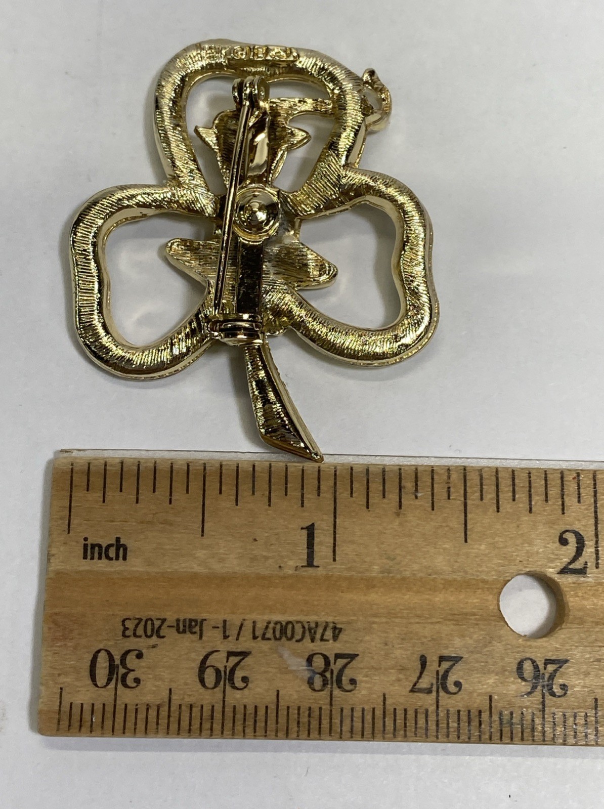 Signed BJ Leprechaun Shamrock Brooch Pin With Emerald Green Rhinestone Eyes