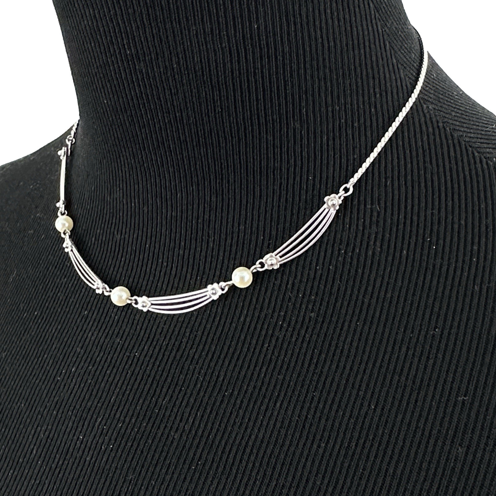 VAN DELL vintage necklace – sterling silver & cultured pearl choker 16″ delicate