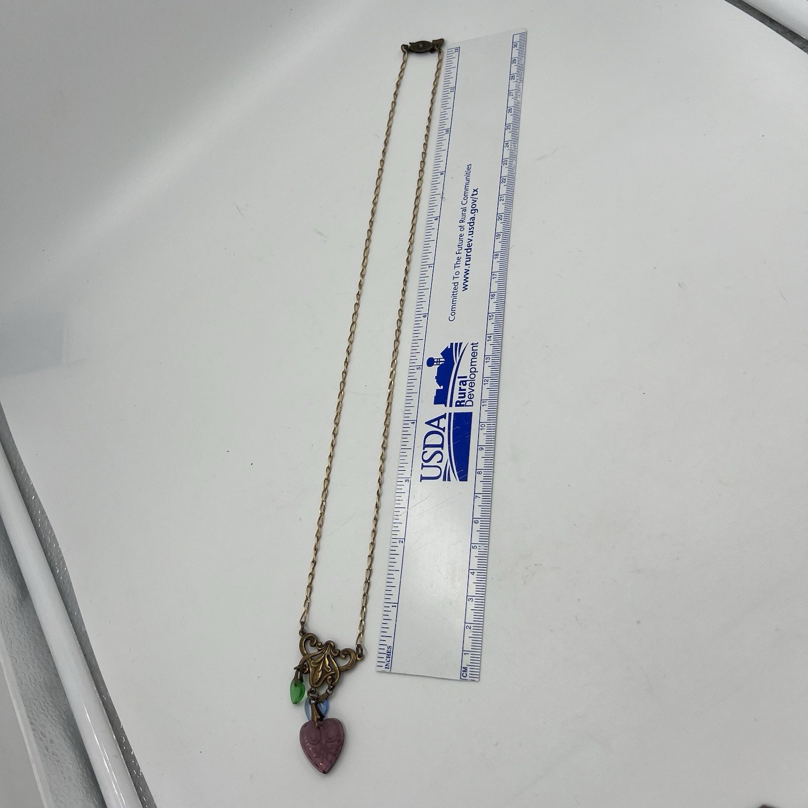 VTG GLASS WORKS STUDIO LTD Glass and Brass Heart CHARM NECKLACE Intaglio 24+”