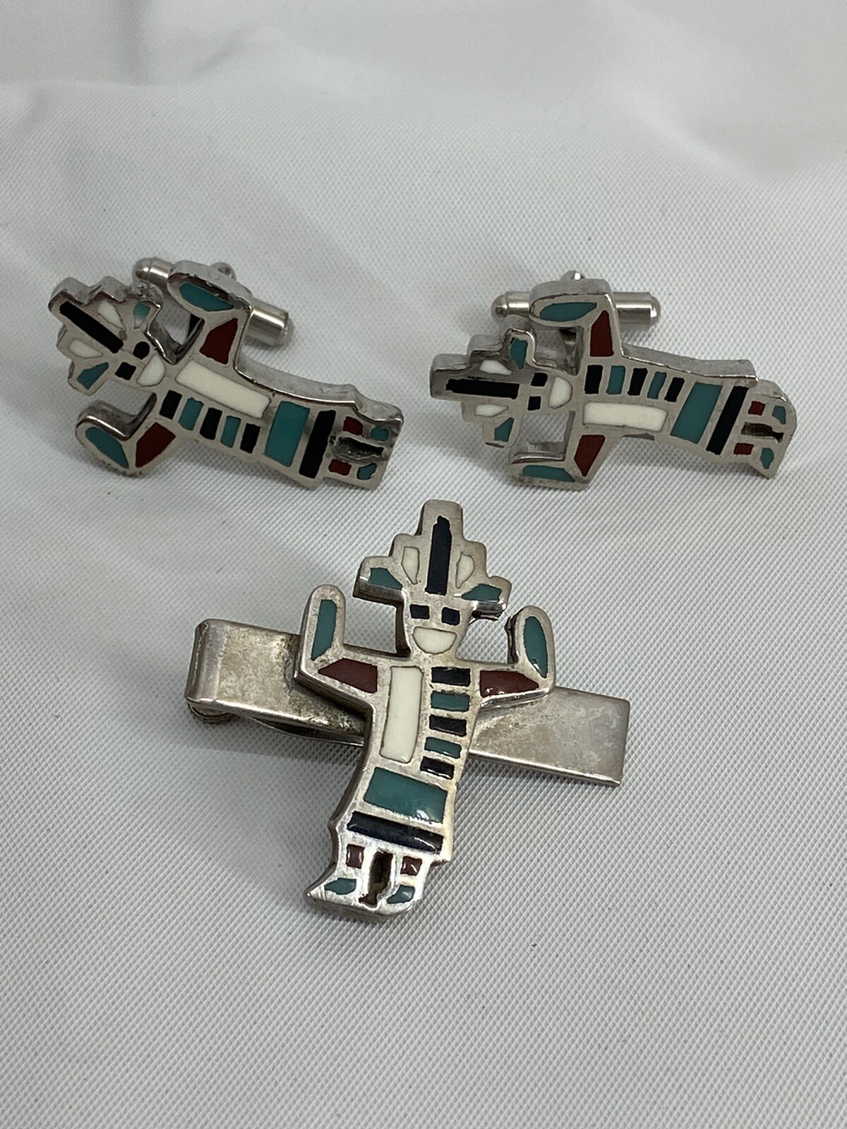 Vintage Zuni Kachina Dancer Cuff Links Tie Clip Inlaid Stones Silver Tone Set