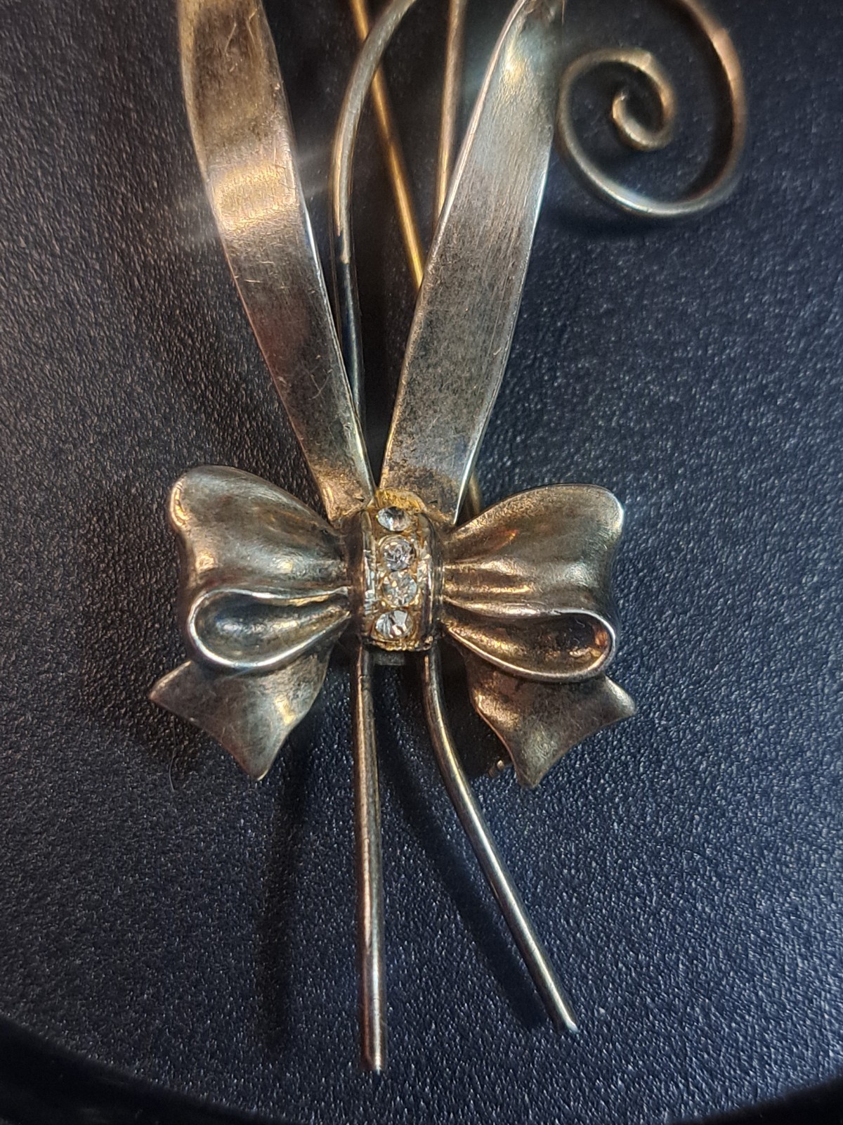 1950s 925 Sterling Silver Vermeil Blue Rhinestone Faux Pearl Brooch 3.5” 17gr