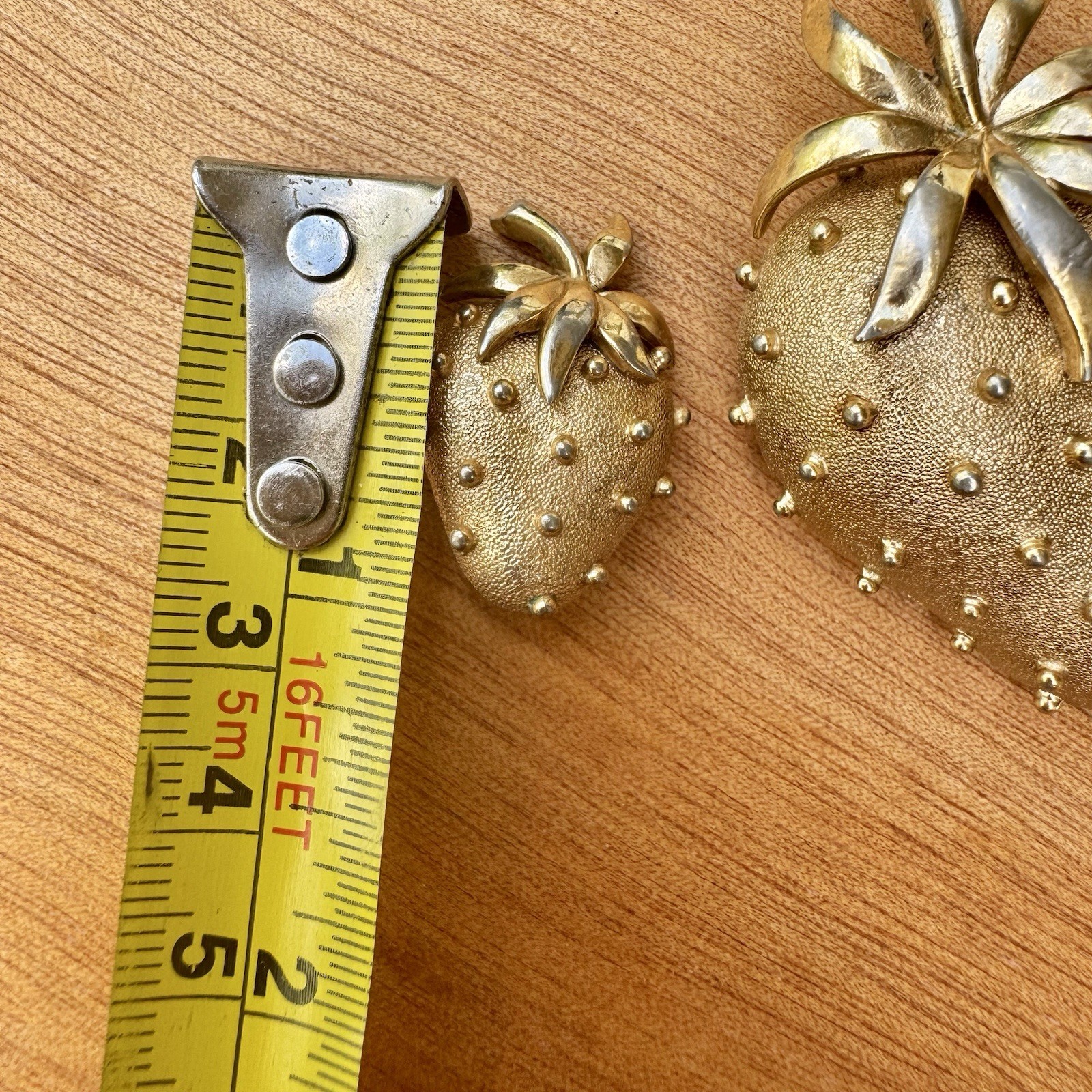 Vintage Trifari Strawberry Brooch Pin & Clip Earrings Set Gold Tone Costume