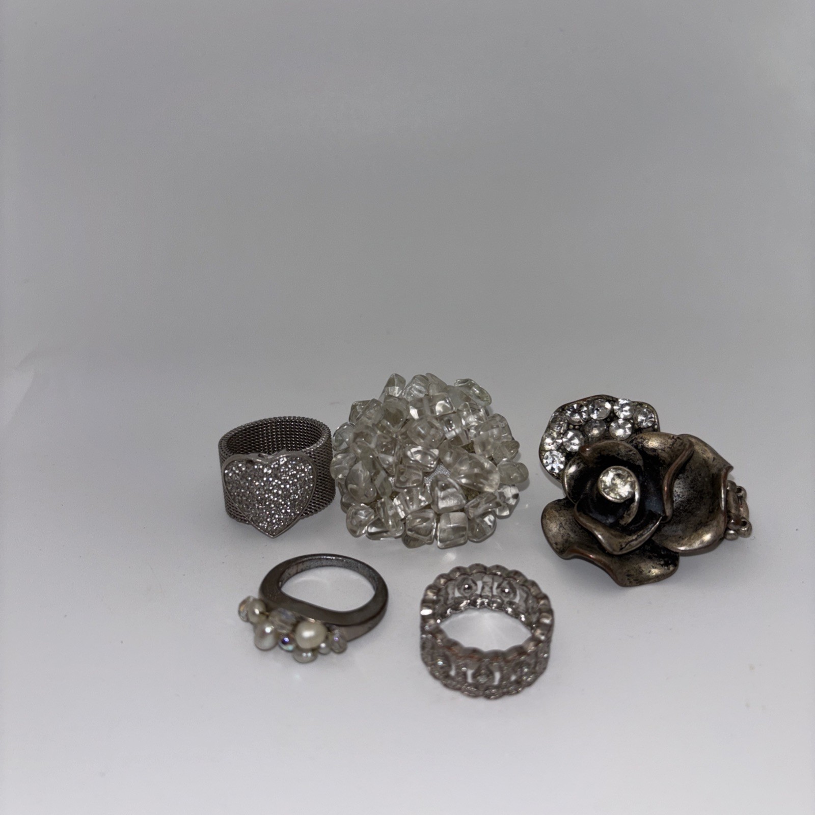 Vintage Costume Jewelry Lot Of 5. Flowers, Heart, Jewels, And More. Various Size
