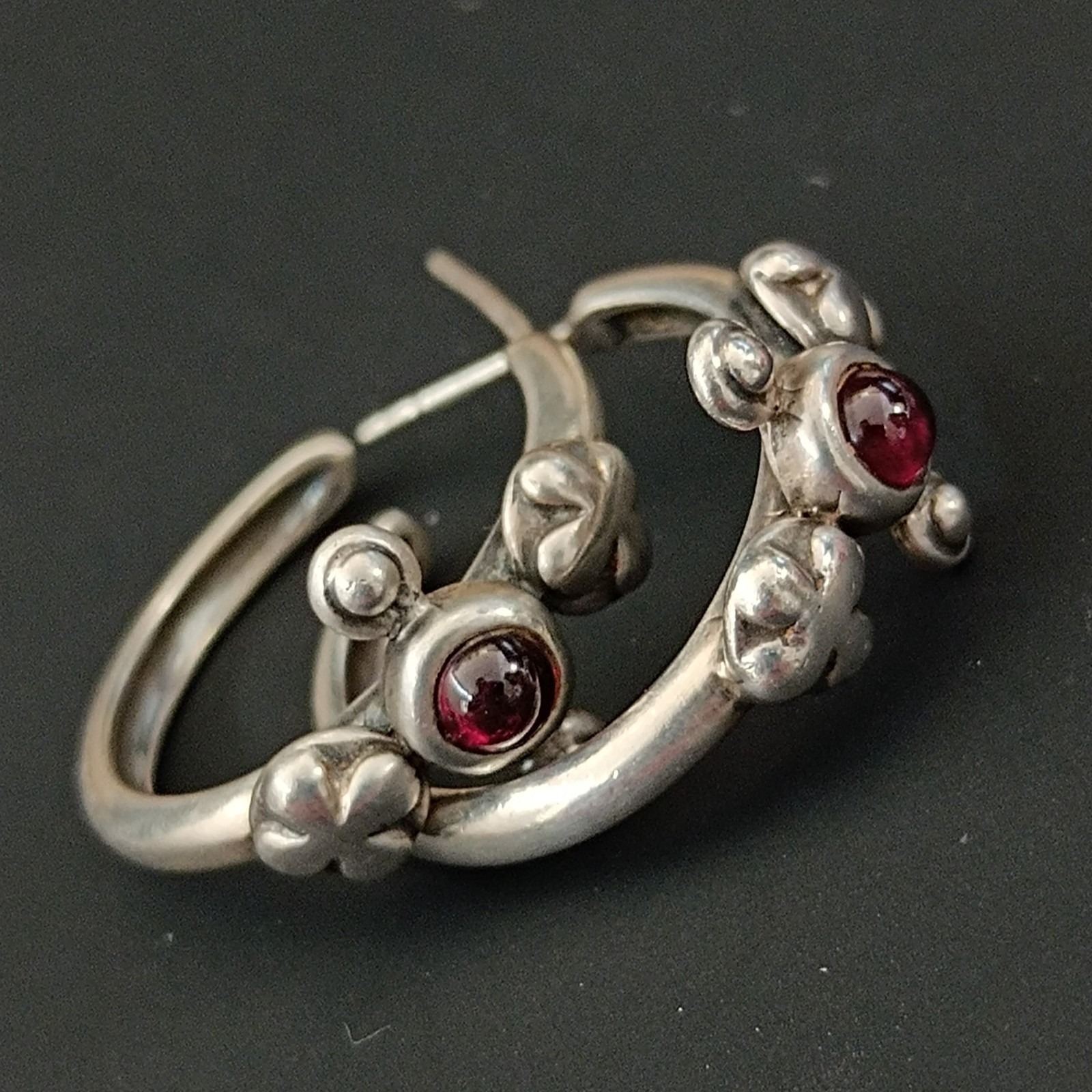 Vintage Silver Hoop Earrings Garnet Cabochon Boho Handmade Sculptural Artisan