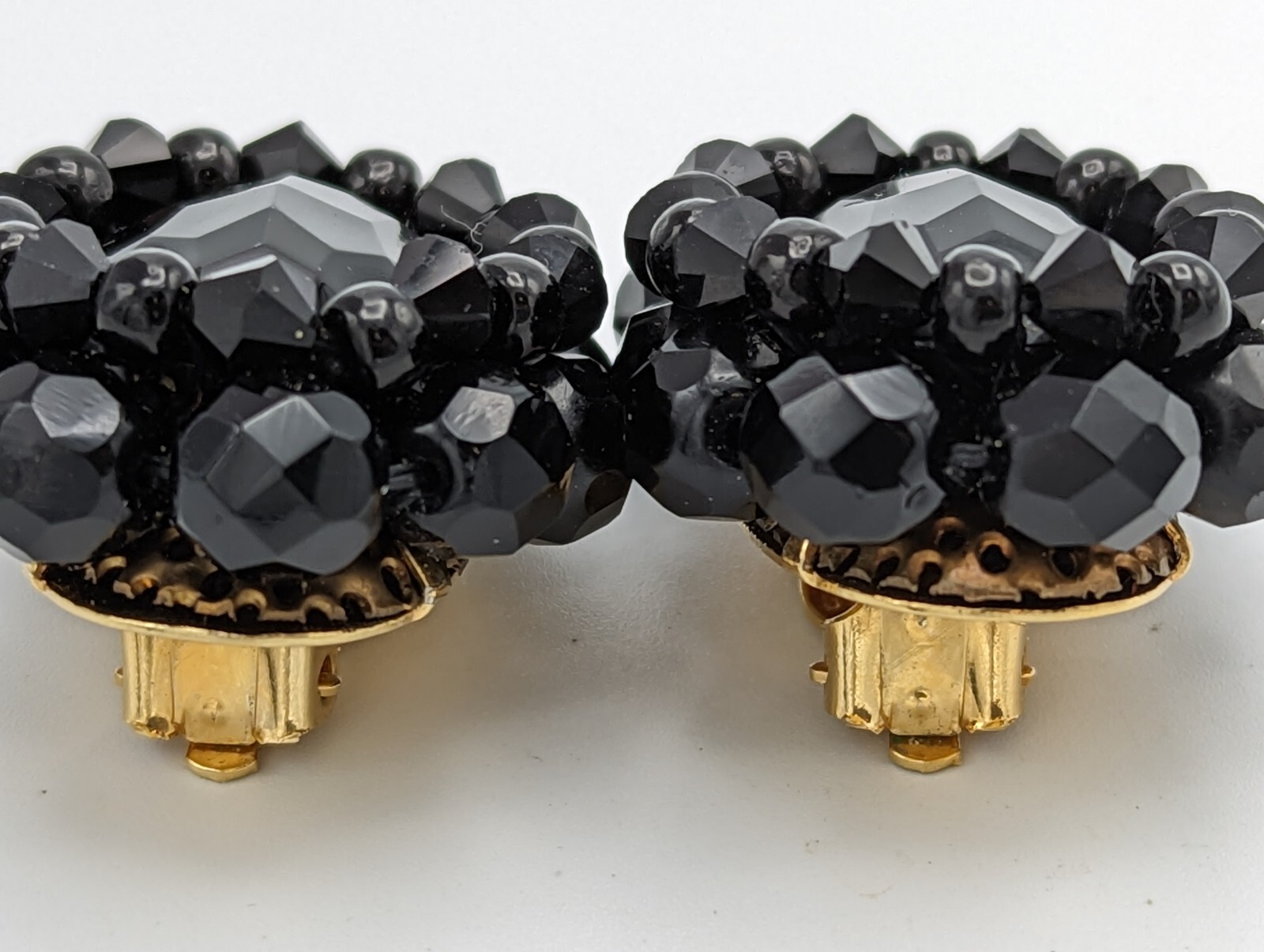 Fazio Black Glass Rhinestone Bead Clip On Earrings 1990s Oval Gold Plated