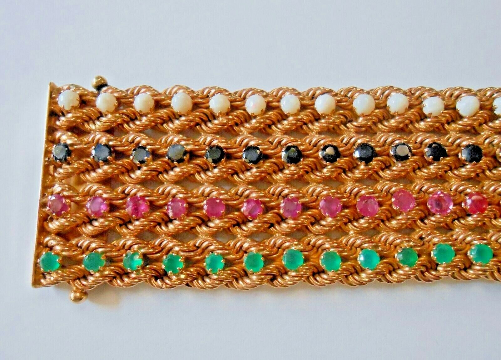 14K Yellow Gold Emerald Ruby Sapphire Opal Multi Strand Wide Bracelet 76 Grams