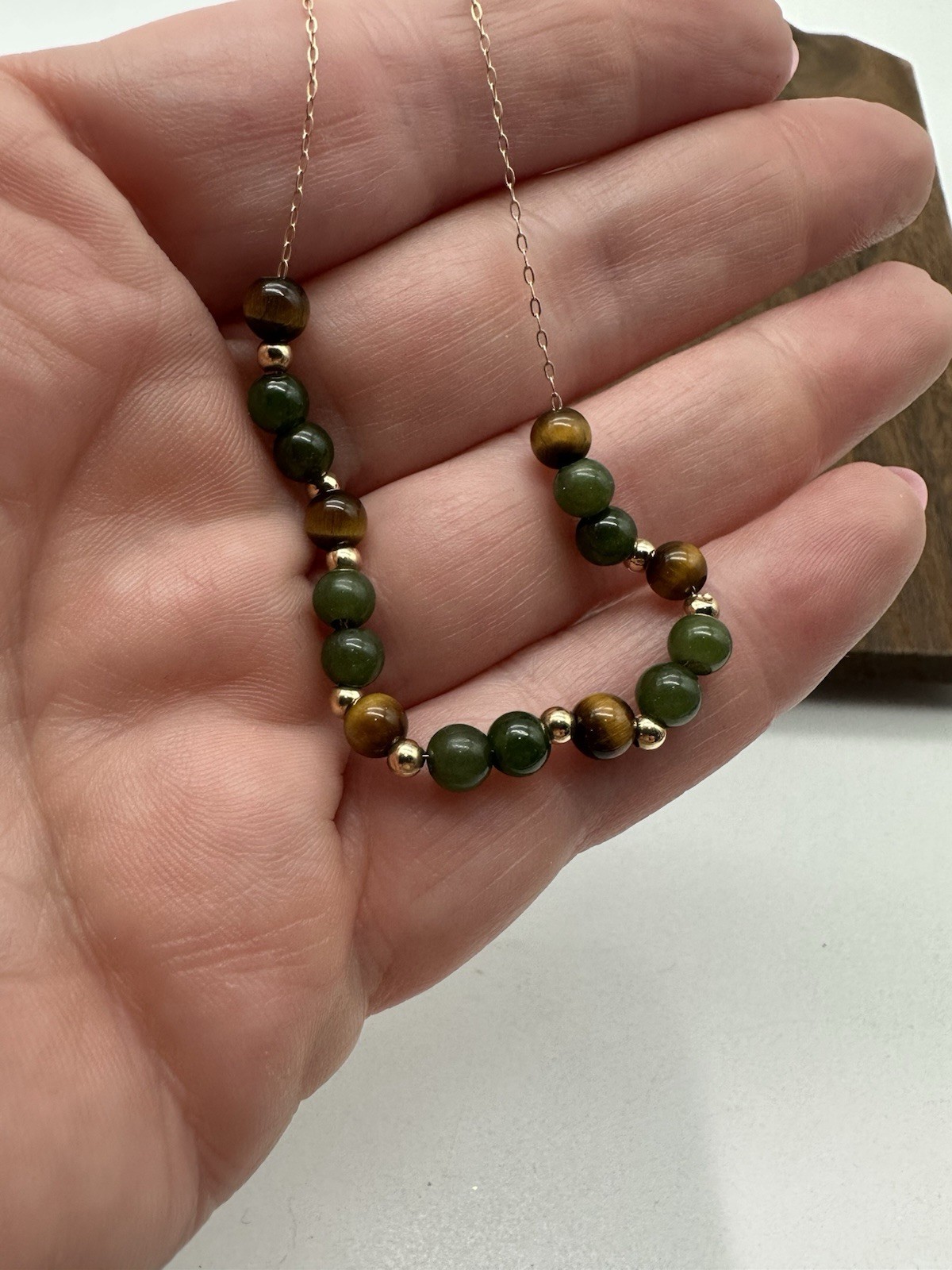 Vintage 14K Yellow Gold 1980’s Add A Bead Necklace Threader Chain Jade Tiger Eye