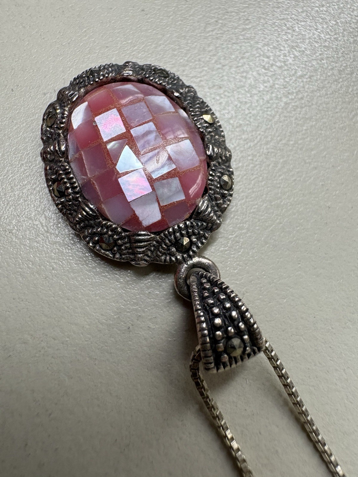 Beautiful Vintage Unique Pink Stone 925 Italy Pendant & Chain Necklace 925 Nice