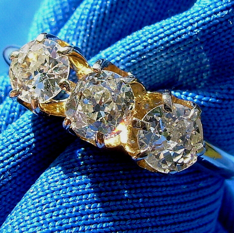 Original EARTH MINED DIAMOND 3 stone Deco Anniversary Wedding Ring Antique Band