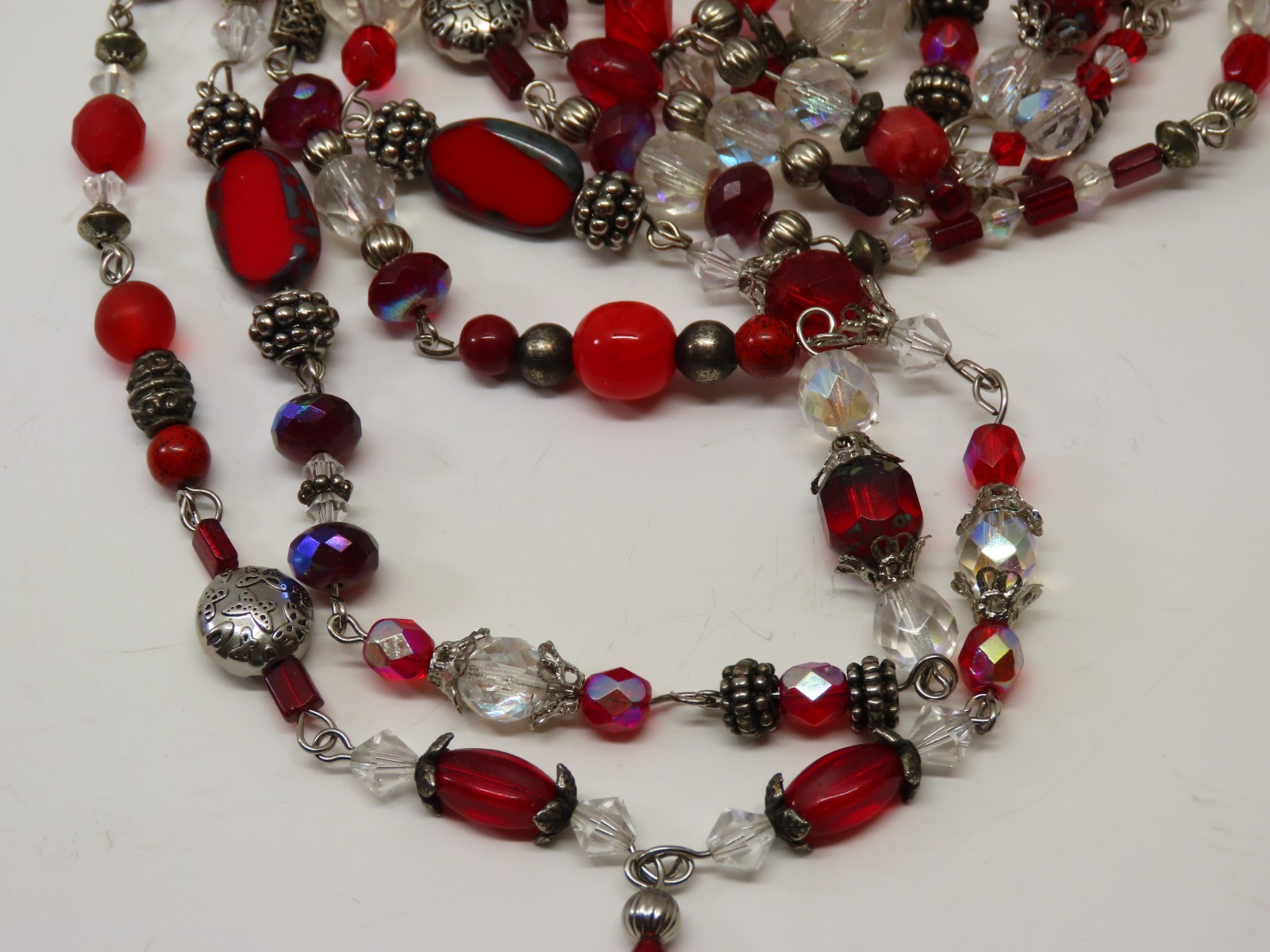 Vintage Necklace Red Clear AB Beaded Crystal Glass Faceted D5381