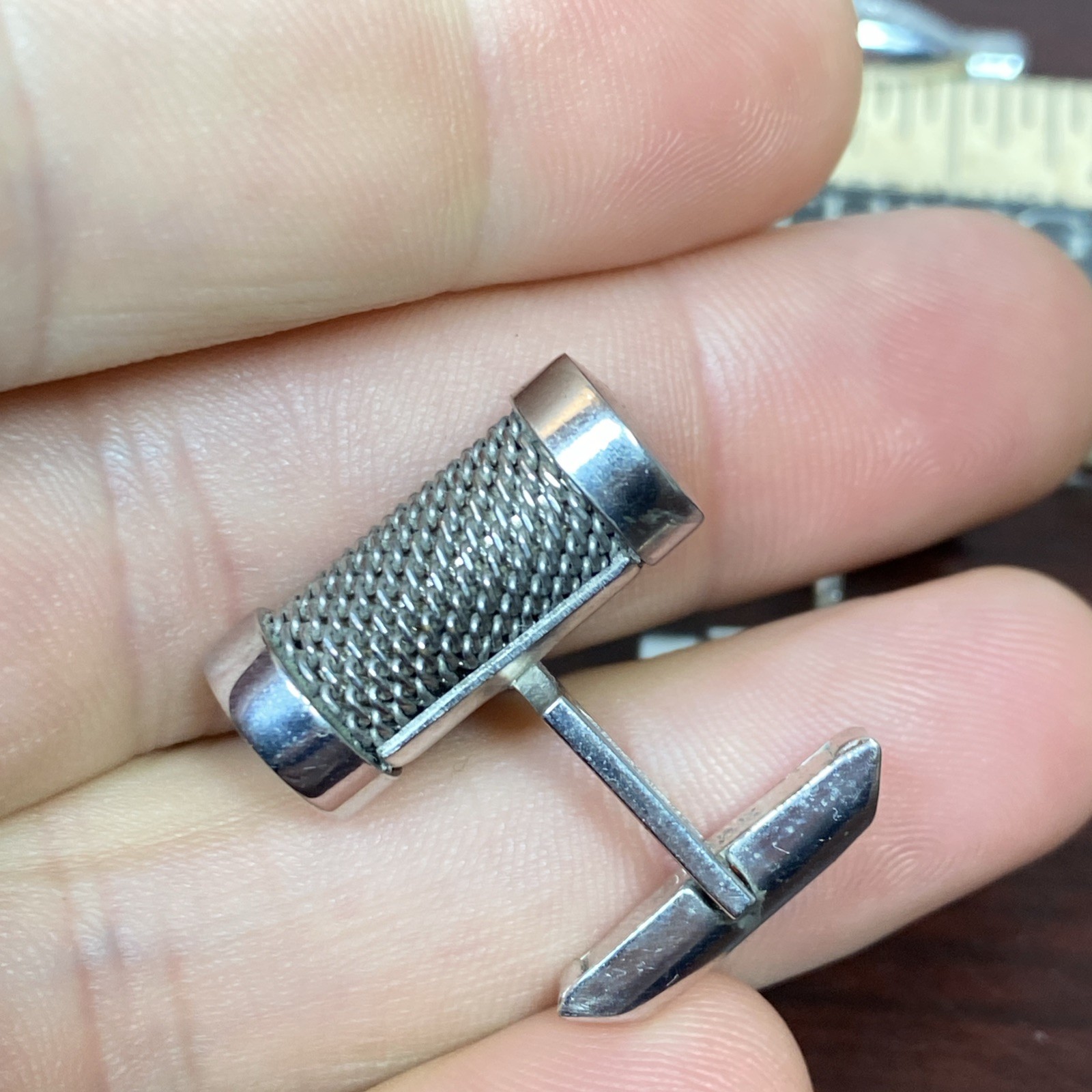 Vtg Round MESH Swank Cuff Links Tie Clip Bar Set (LOOKS LIKE A RETRO MICROPHONE)