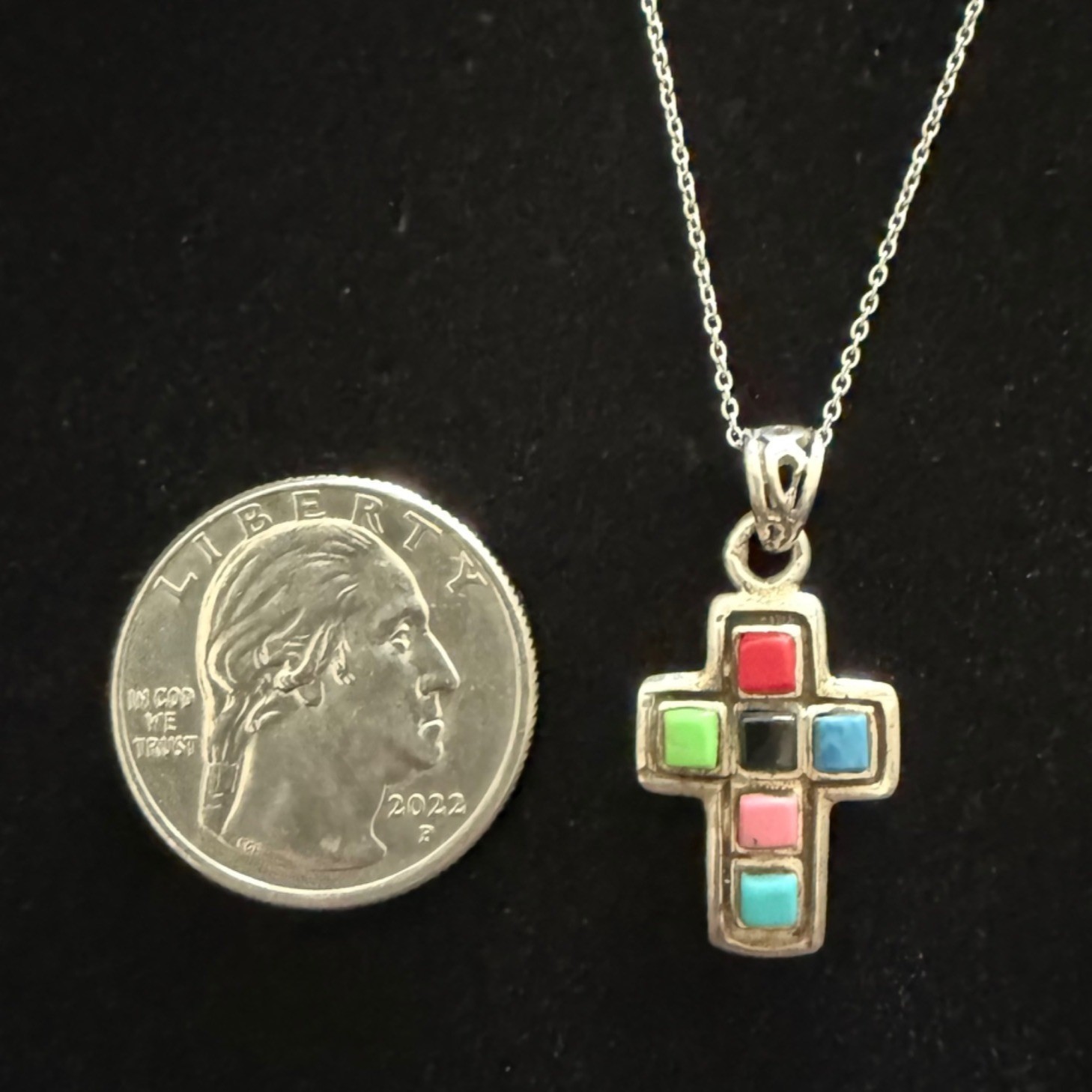 Vintage Cross Pendant Necklace Sterling Silver Turquoise Colorful Rainbow Stones