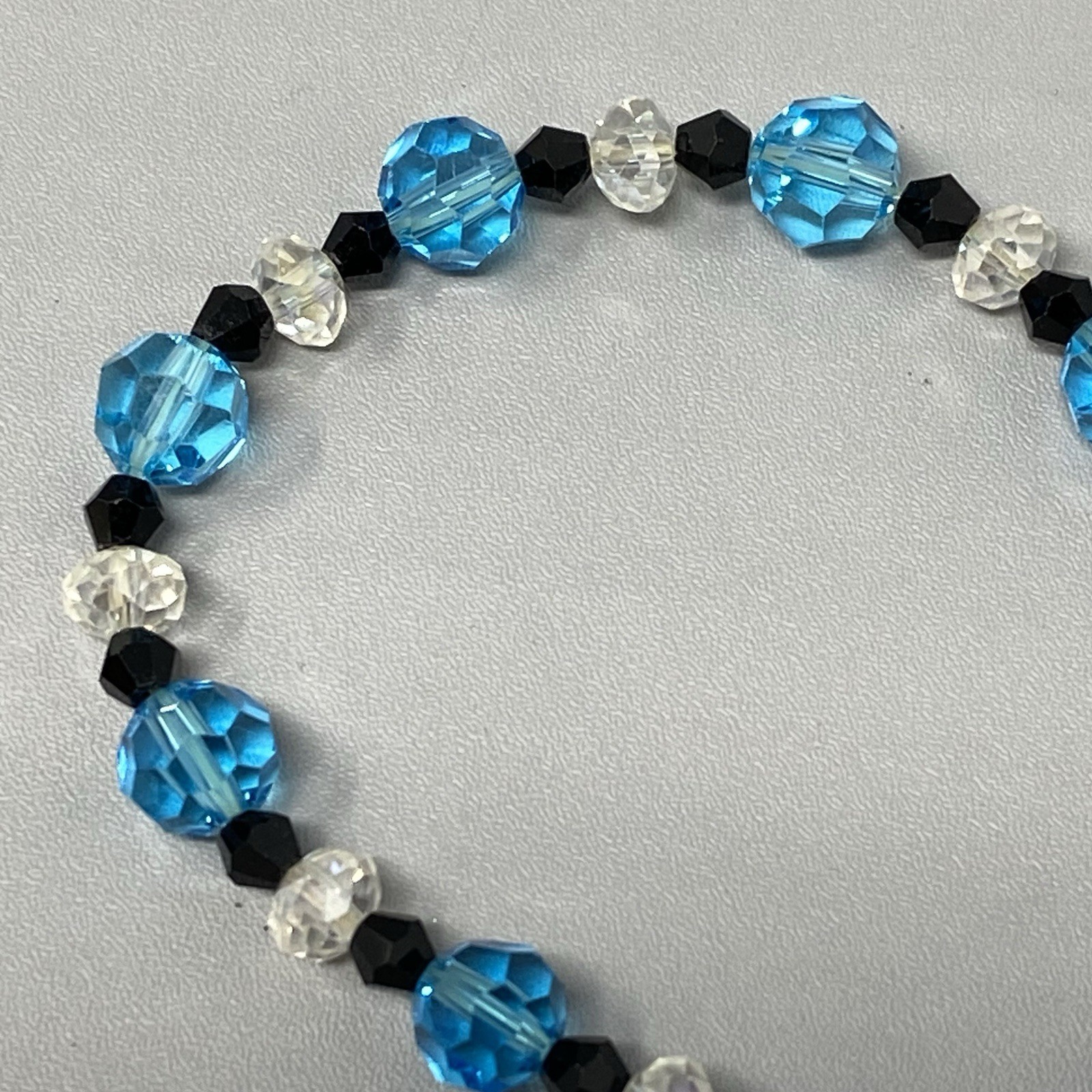 Blue Glass Beaded Bracelet Clear Black Faceted Fire Polished Stretch Elastic 7″