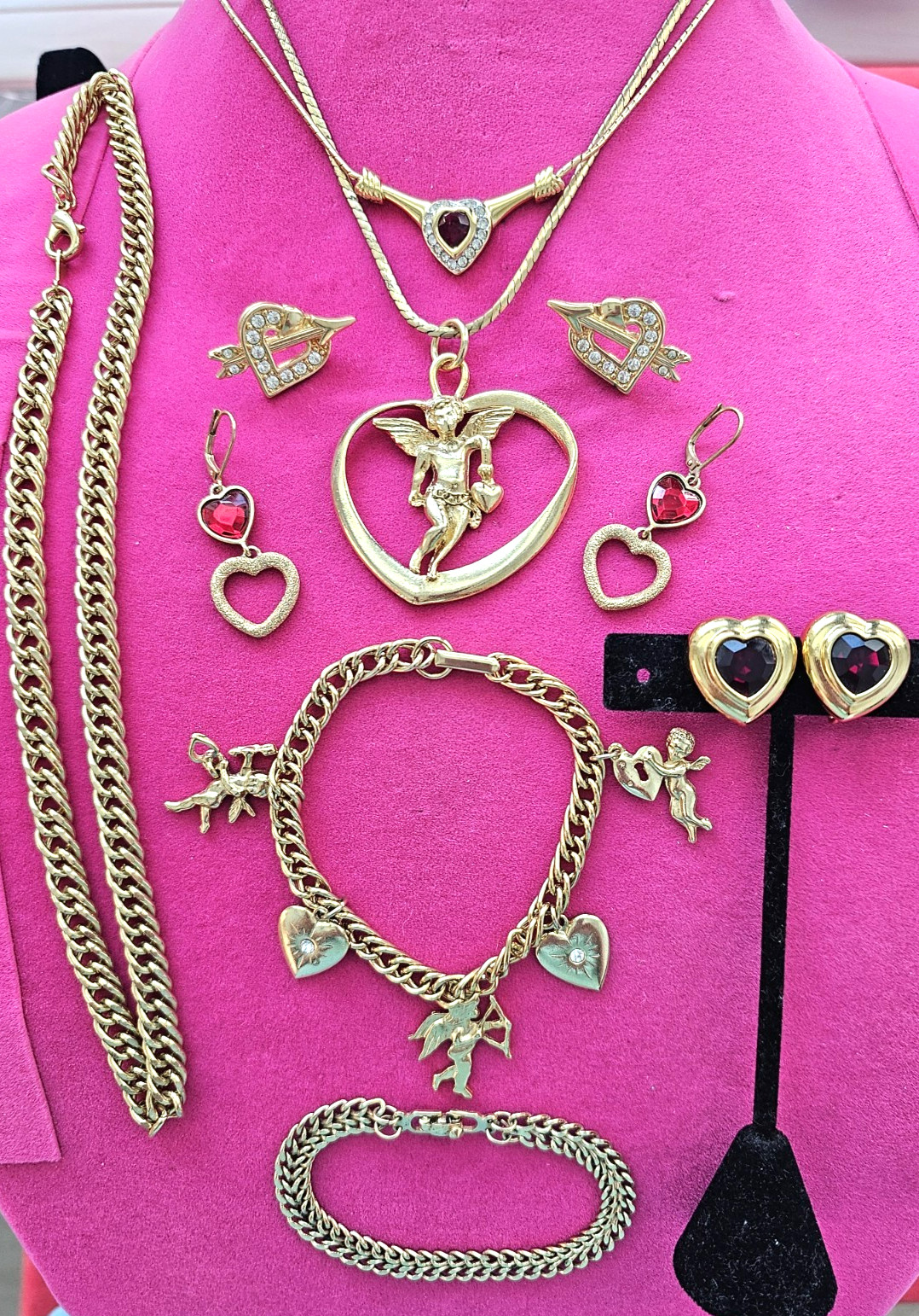 Signed Monet Red Heart Necklace Vintage Gold Tone Rhinestone Jewelry Lot Earring