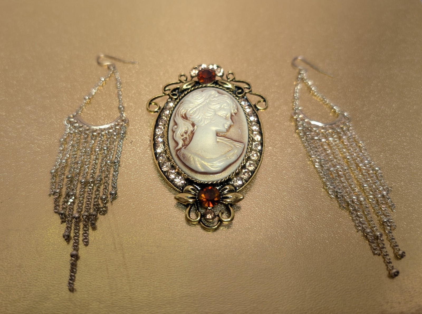Garnet & Rhinestone Oval 2″ Cameo Brooch Pin and Long Dangle Chain Earrings Set