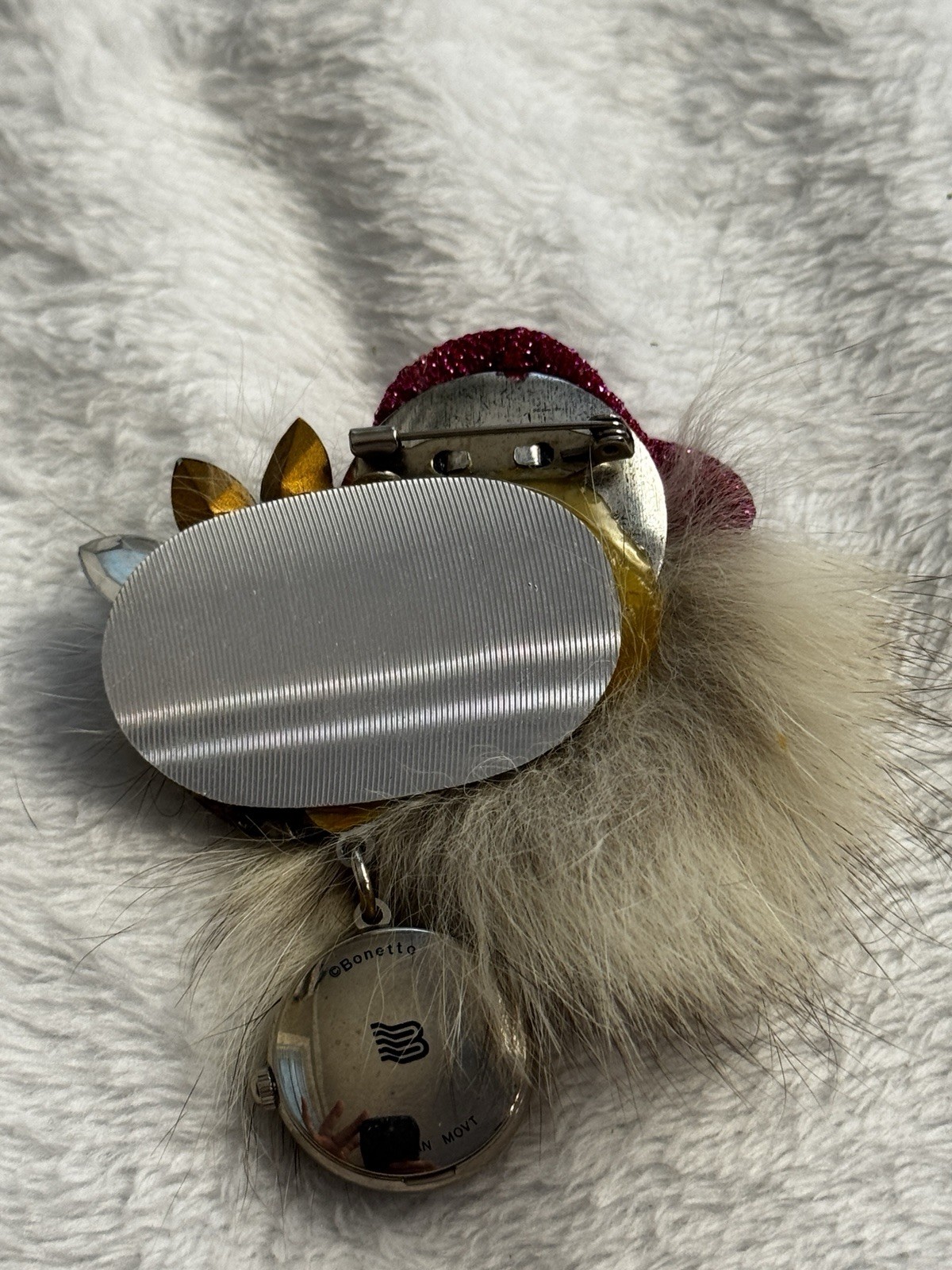 Vintage Bonetto Lady Face Watch Brooch Pin Faux Fur Rhinestone Dangle Watch