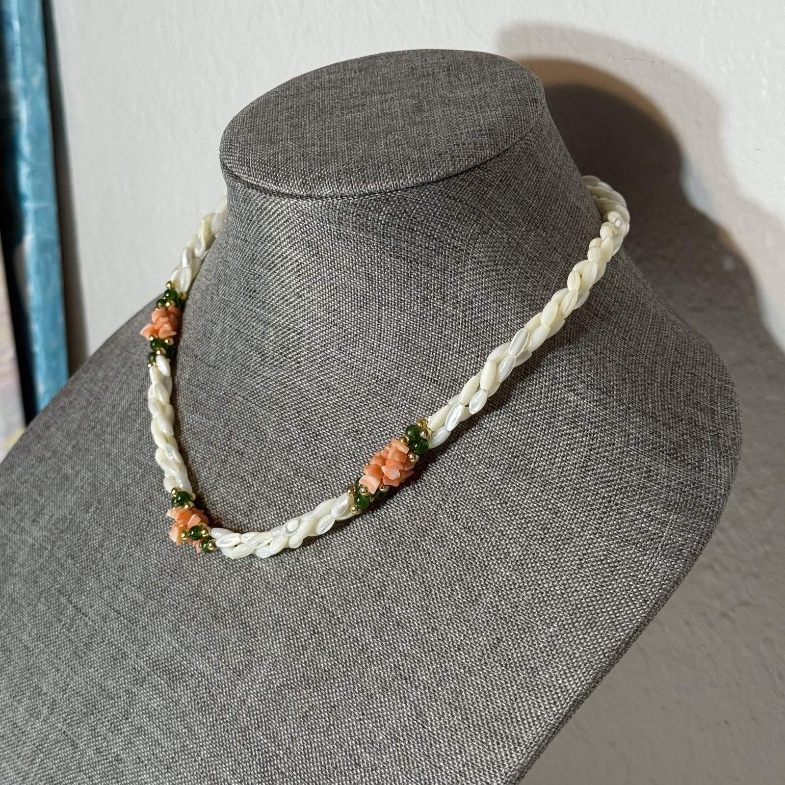 Vintage Mother of Pearl Beaded Necklace Coral Green Accents Fish Hook Clasp