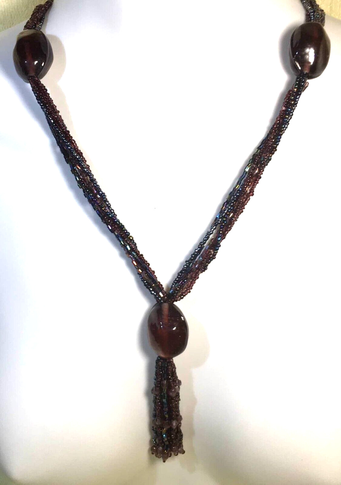 Purple Tassel Pendant Large Glass Beads Peacock Seed Beads Toggle Clasp 23“ Long