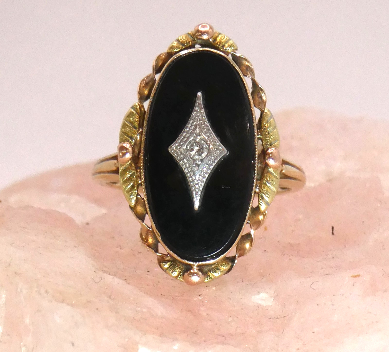 Vintage 10K BDA ONYX Diamond Ring Budlong, Dockert & Armstrong Tri Color Gold 3g