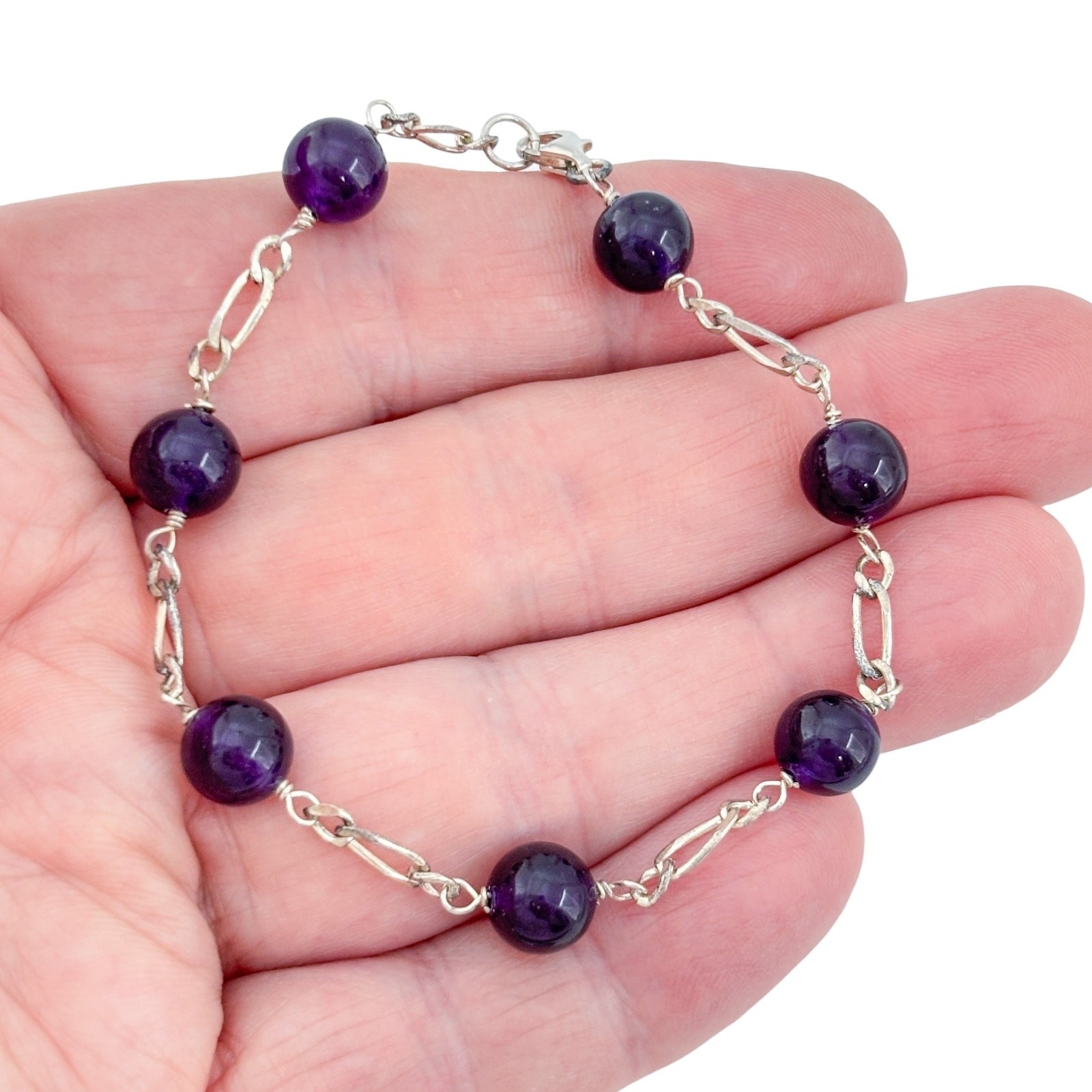 Vintage Sterling Silver 925 Amethyst Bead Bracelet 7.25″