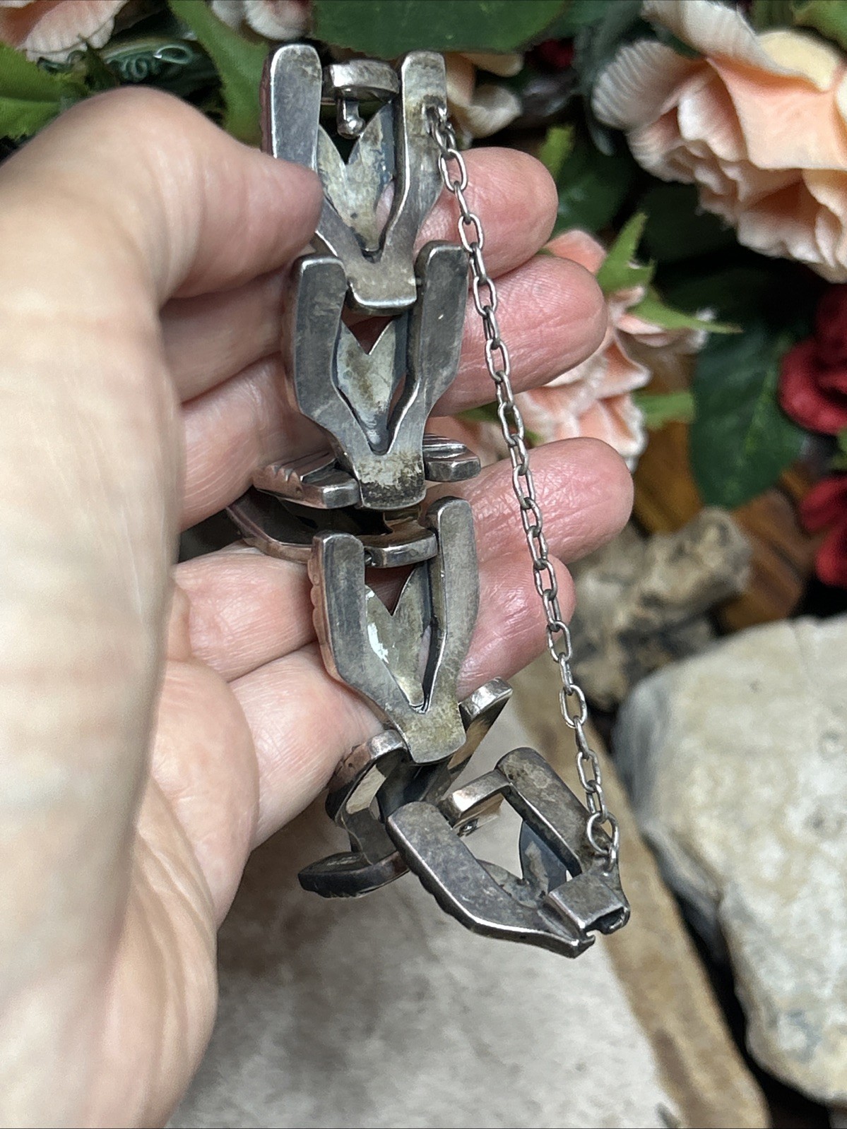 54. Vintage Maricela TAXCO 925 Sterling Linked Panel Bracelet 81.5g, 6 3/4″ Mex