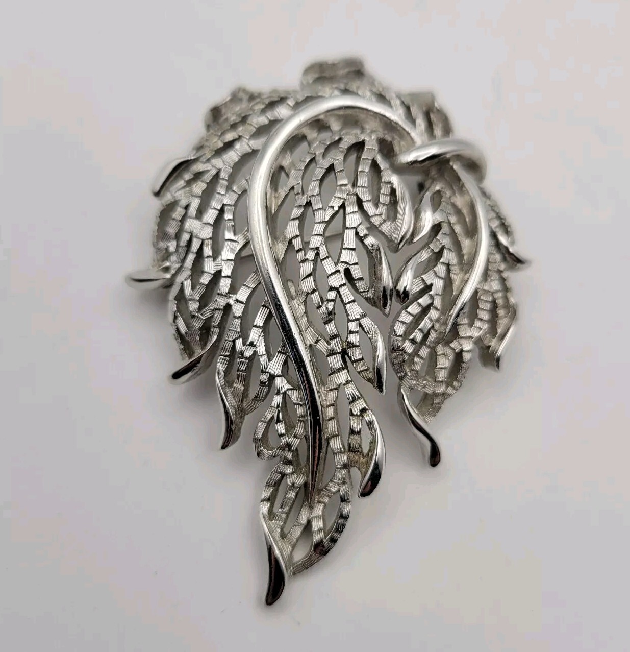 Vintage Crown Trifari Brooch Silver Tone Nature Leaf Swag Matte Polished Signed