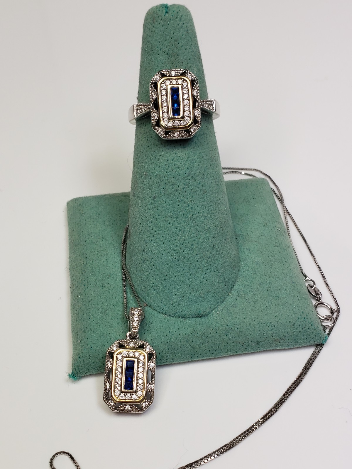 Art Deco Style Sterling 925 Blue Sapphire Lab Diamond Pendant Ring Set Size 7.75