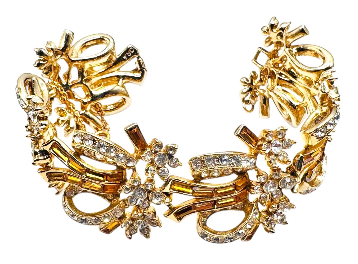 Vintage ORA Topaz Baguette Rhinestone Bracelet Stunning Ribbons & Flowers