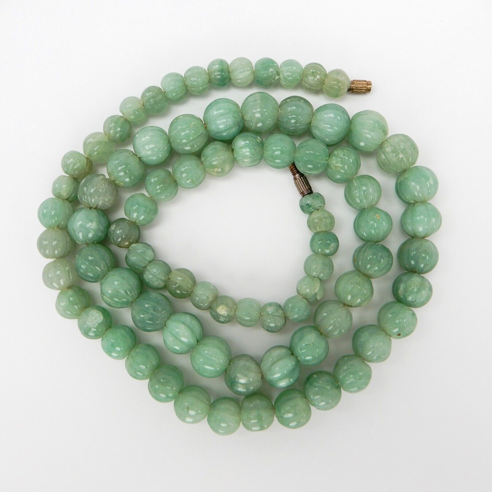 Carved Green Jade Graduated 12mm Pumpkin Bead Necklace 30” Barrel Clasp 124 gr