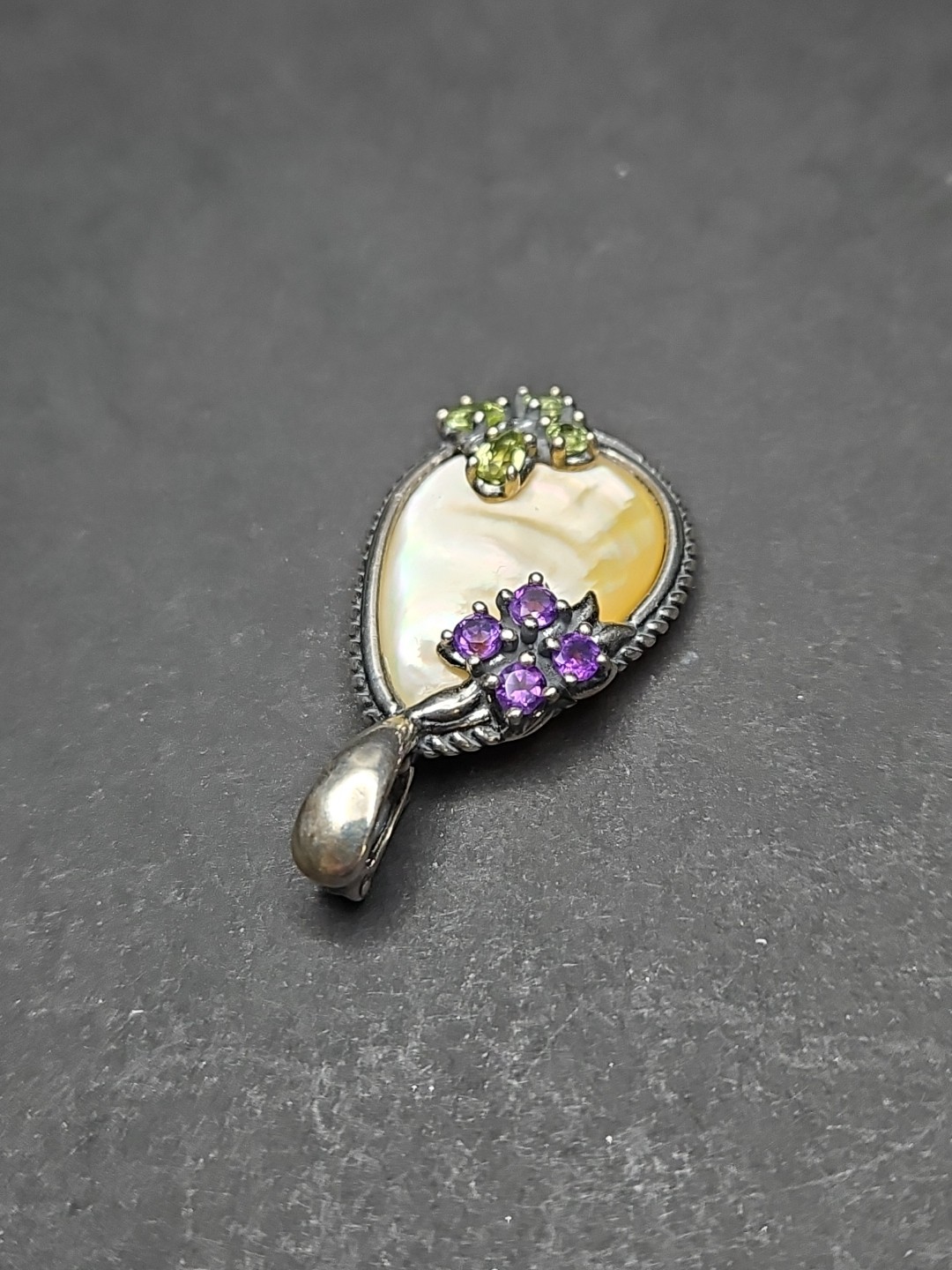Carolyn Pollack Gold Mother of Pearl Multi Gemstone Flower Pendant 925 VINTAGE