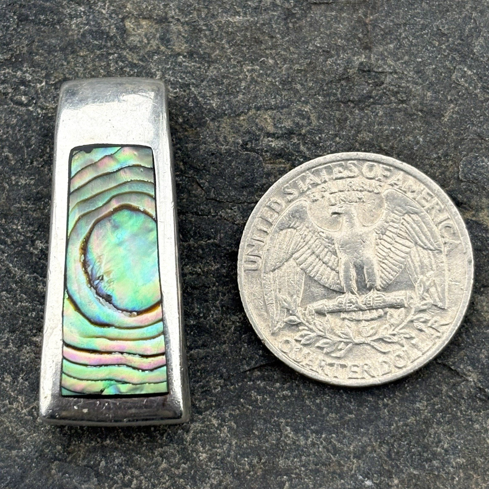 Vtg Sterling Silver Abalone Paua Shell Rectangle Bar Drop Modernist Pendant RARE
