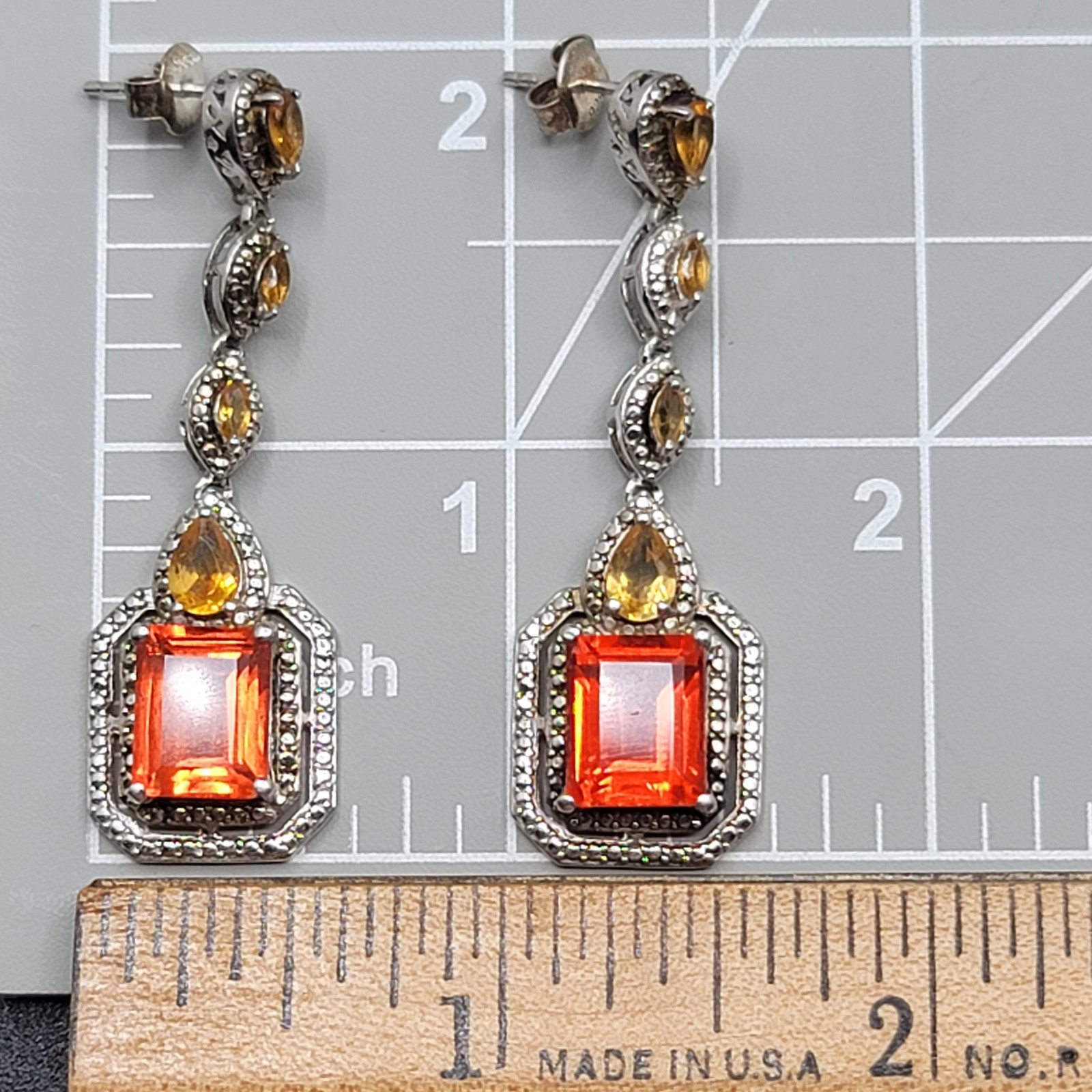 Vtg 925 STS Sterling Silver/Citrine Art Deco Pierced Post 2″Dangle Drop Earrings