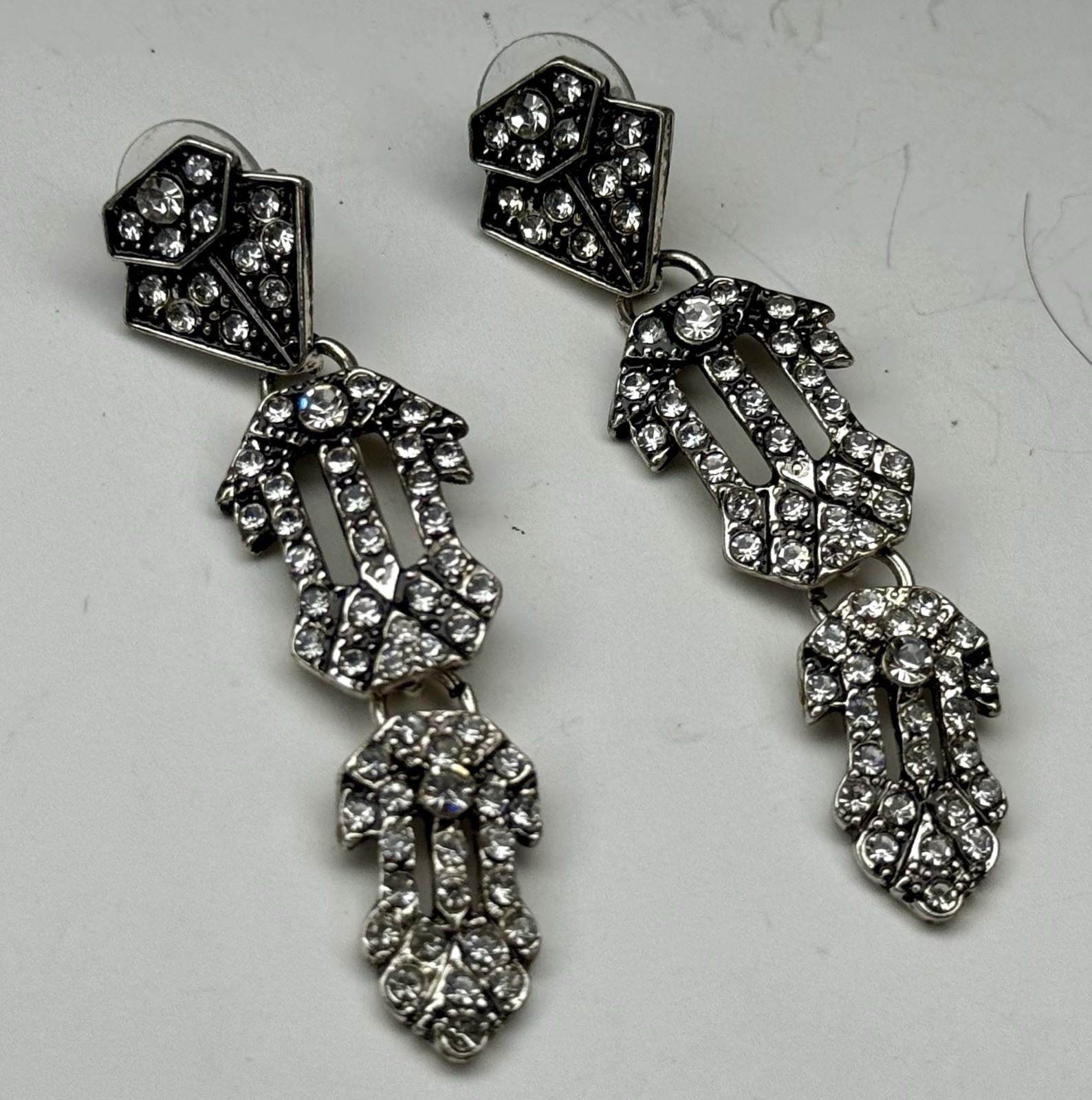 Vintage Art Deco Flapper Rhinestone Earrings Dangle Drop Pierced Gatsby Style