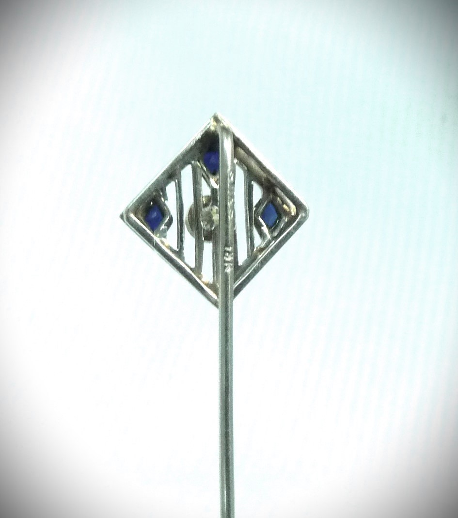 BEAUTIFUL ANTIQUE CIRCA 1920 18K WHITE GOLD DIAMOND SAPPHIRE STICK PIN BROOCH!