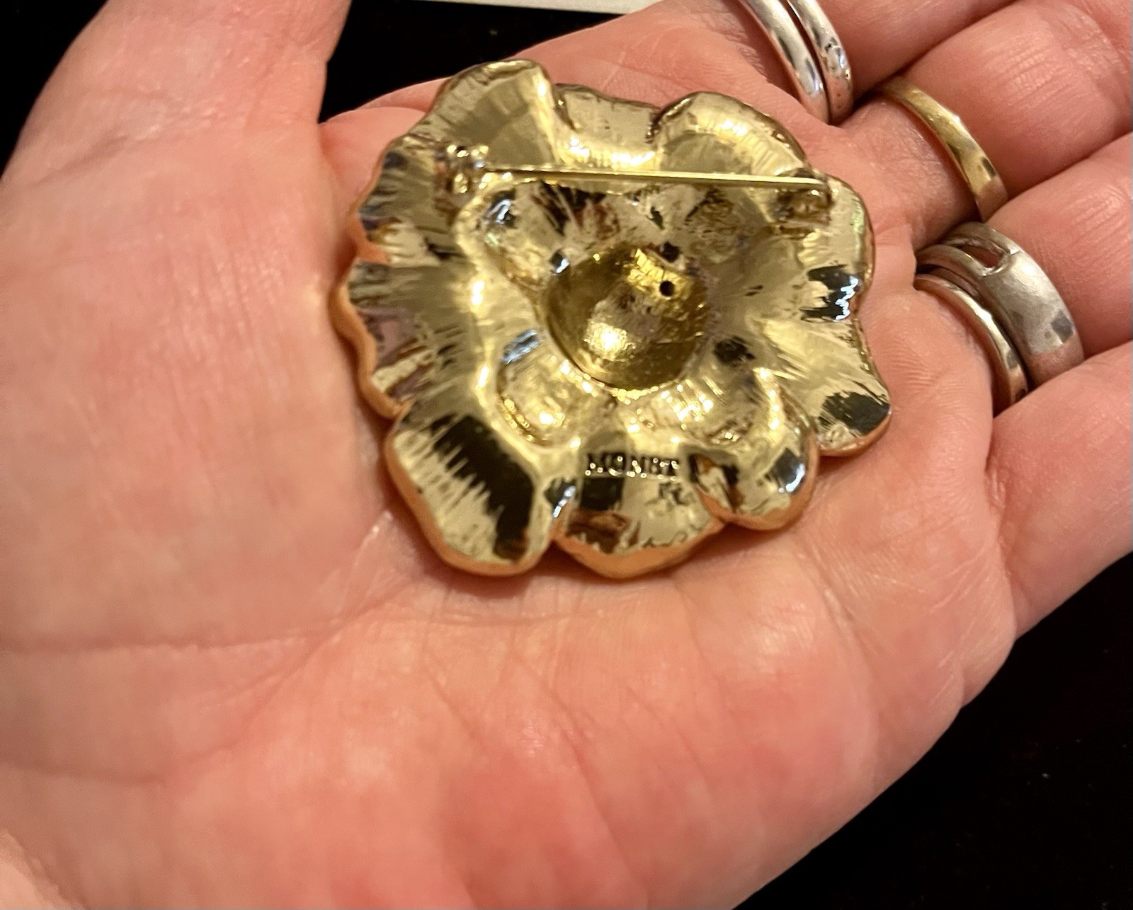 Vintage Monet Signed ENAMEL Red Poppy Flower Brooch-Pin Gold Tone & Rhinestones