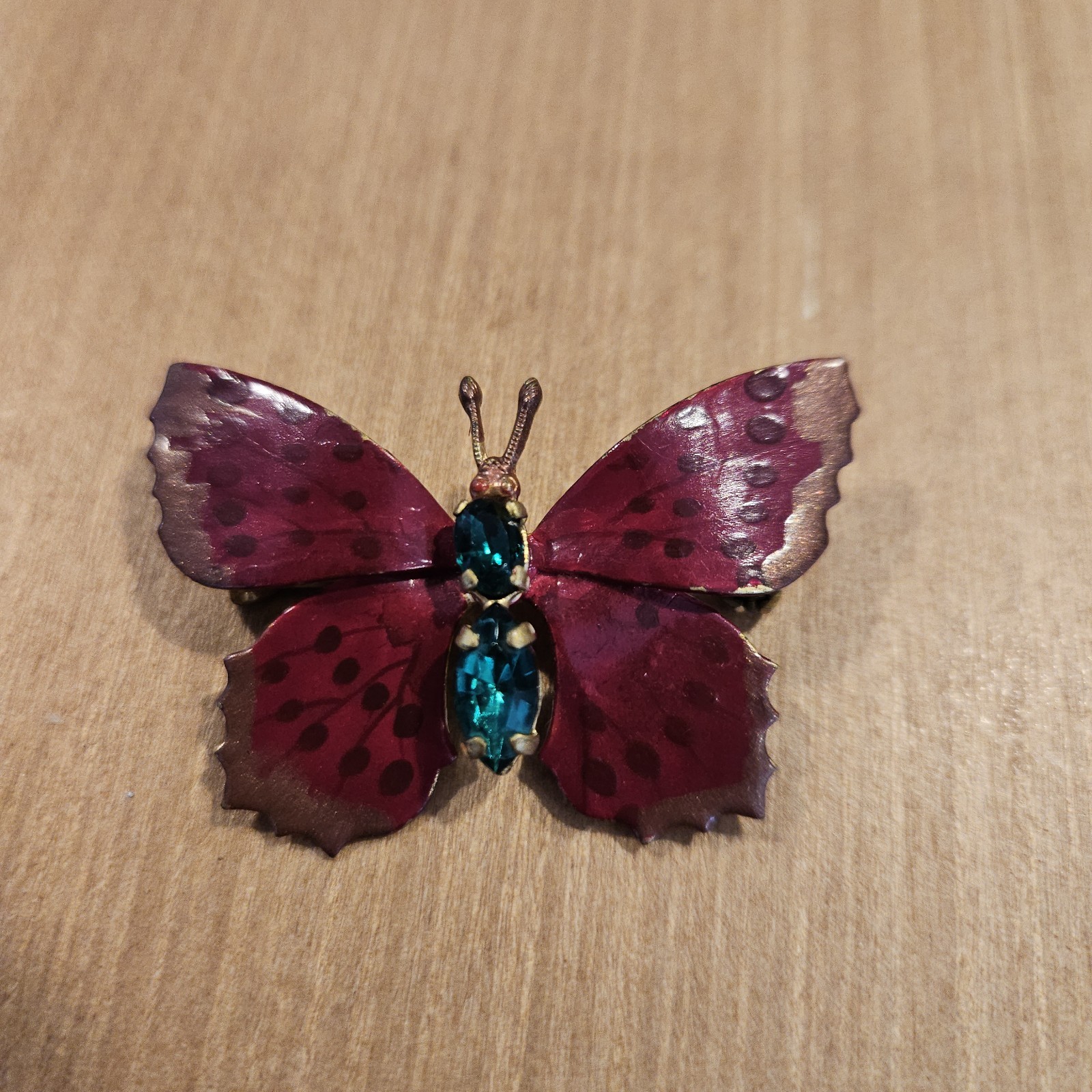 Vintage Czechoslovakia Butterfly Brooch Burgundy Enamel Teal Blue Glass Stones