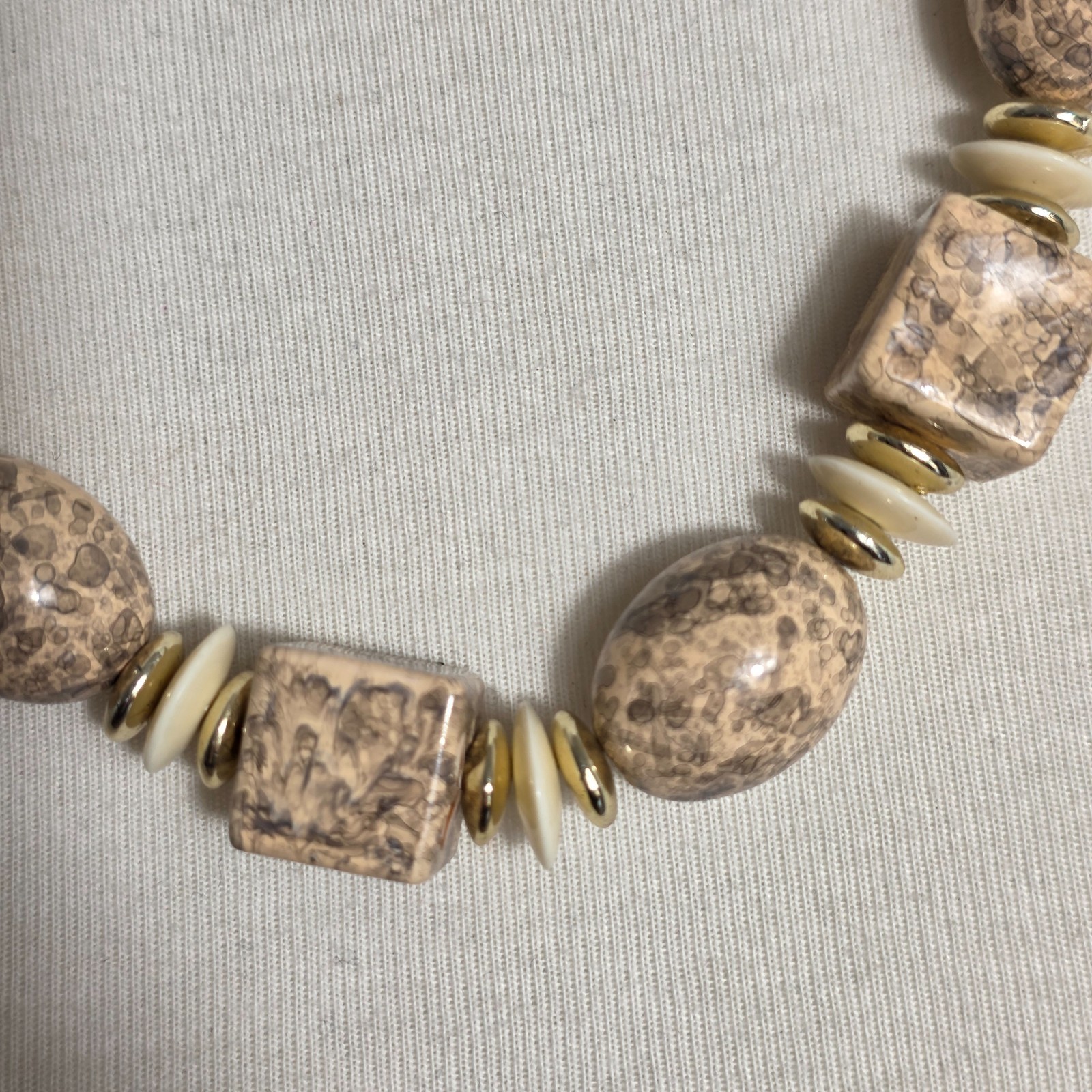 Beaded Statement Necklace Square & Round Beads Flat Gold & White Spacers