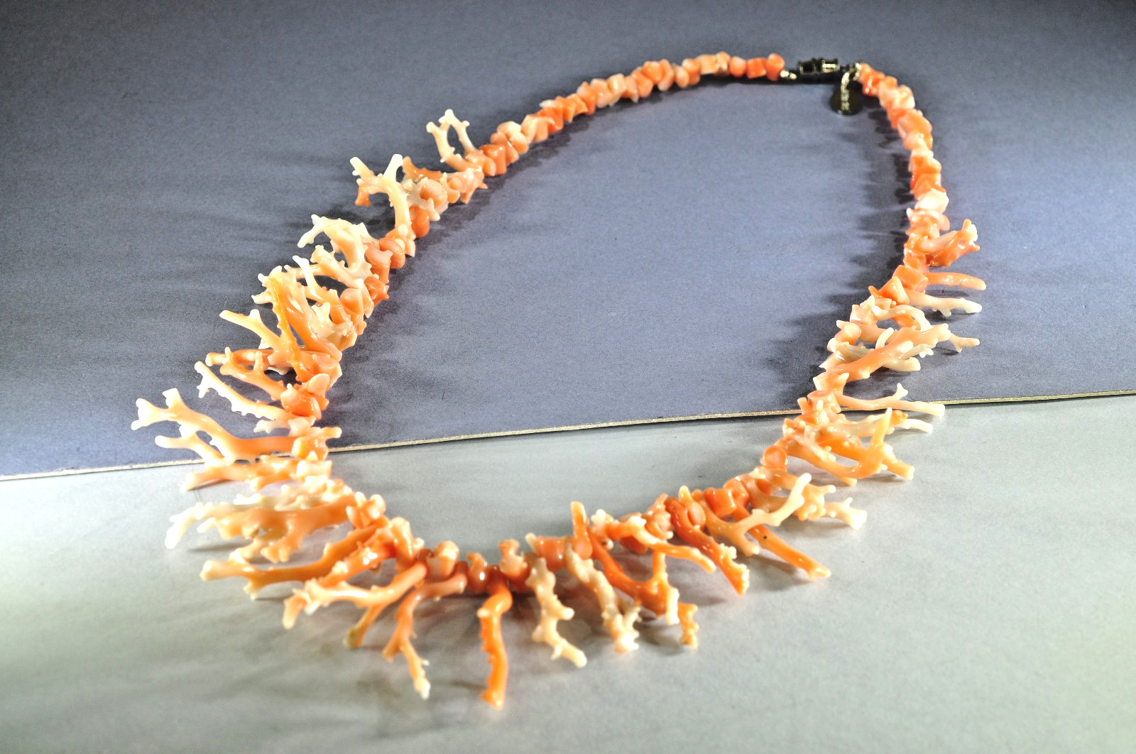 Coral Necklace White & Salmon Graduated Branch Coral 21 Inches Signed
