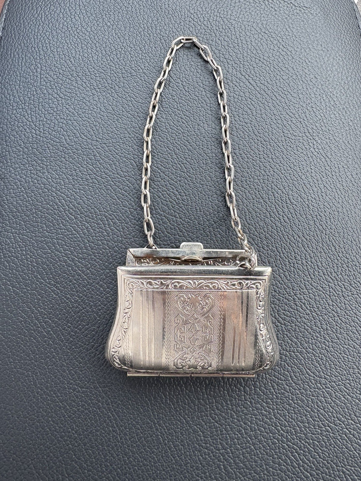 Vintage Engraved Pink Dance Coin Purse Wristlet with Chain – Tested Silver