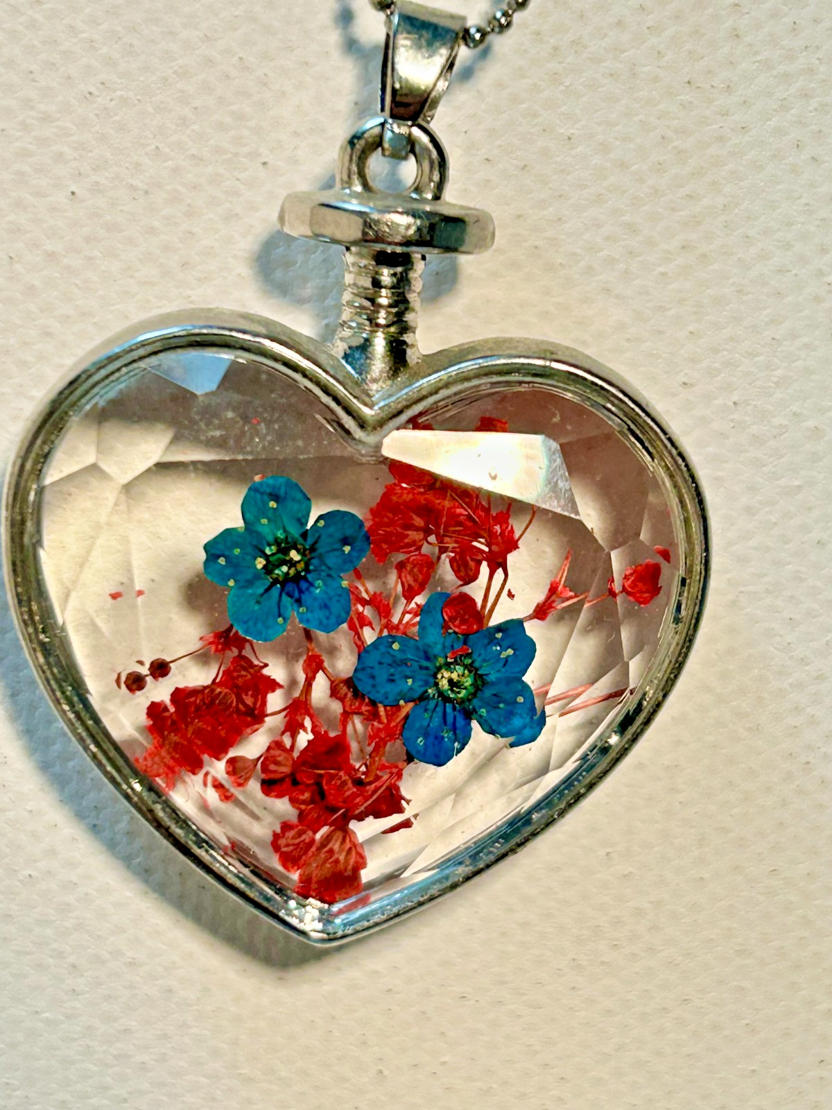 Vintage Heart Pendant Necklace Blue and Red Pressed Flowers
