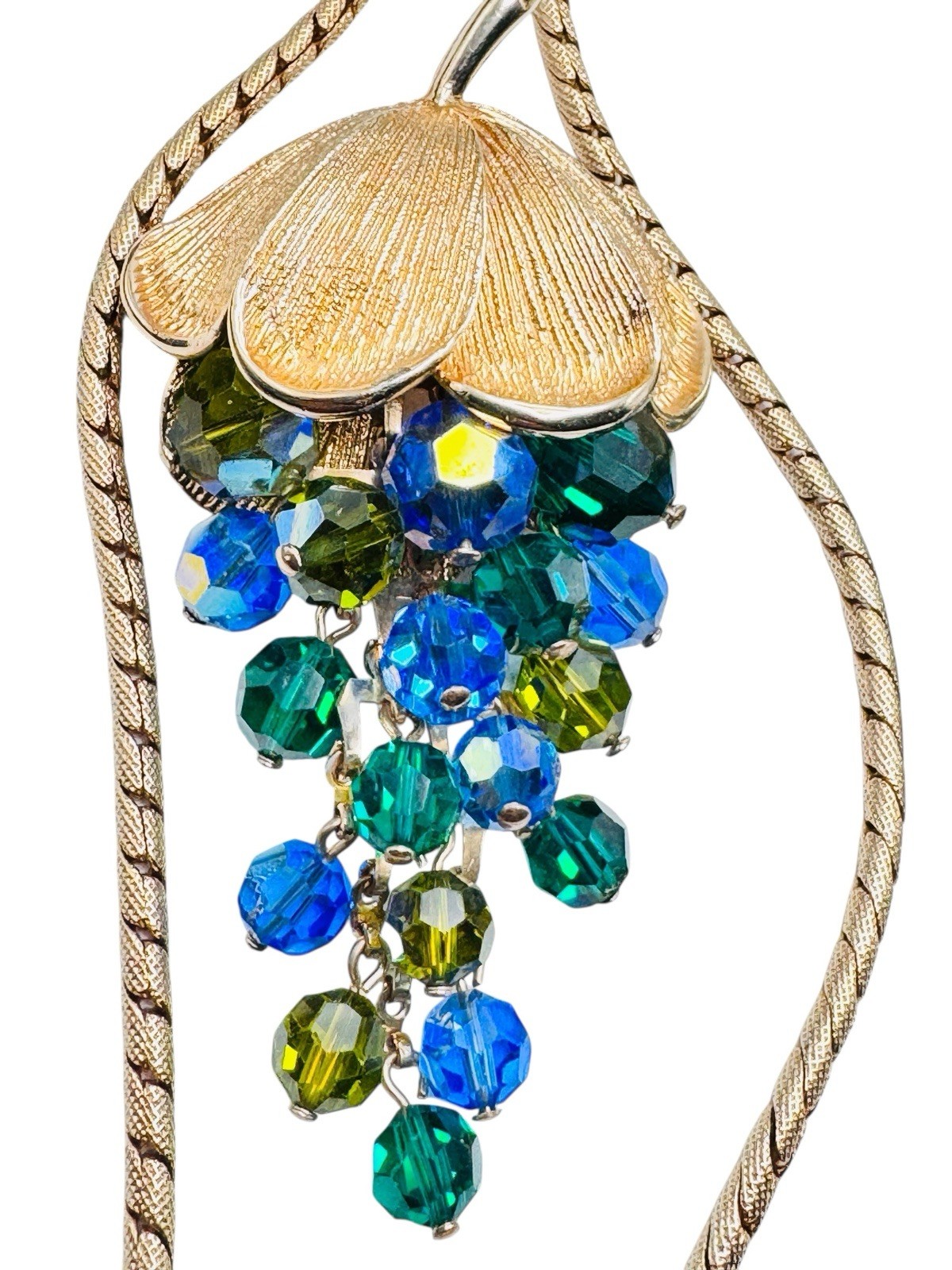 Vintage Schrager Blue Green AB Glass Dangle Bead Necklace Brooch Earrings Set