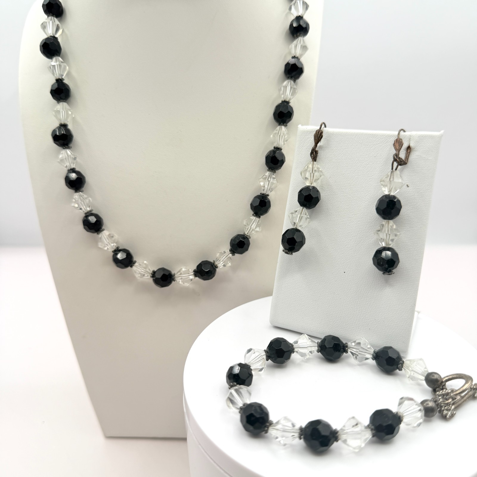 Vintage Black Clear Crystal Bead Necklace Bracelet Dangle Earrings Matching Set