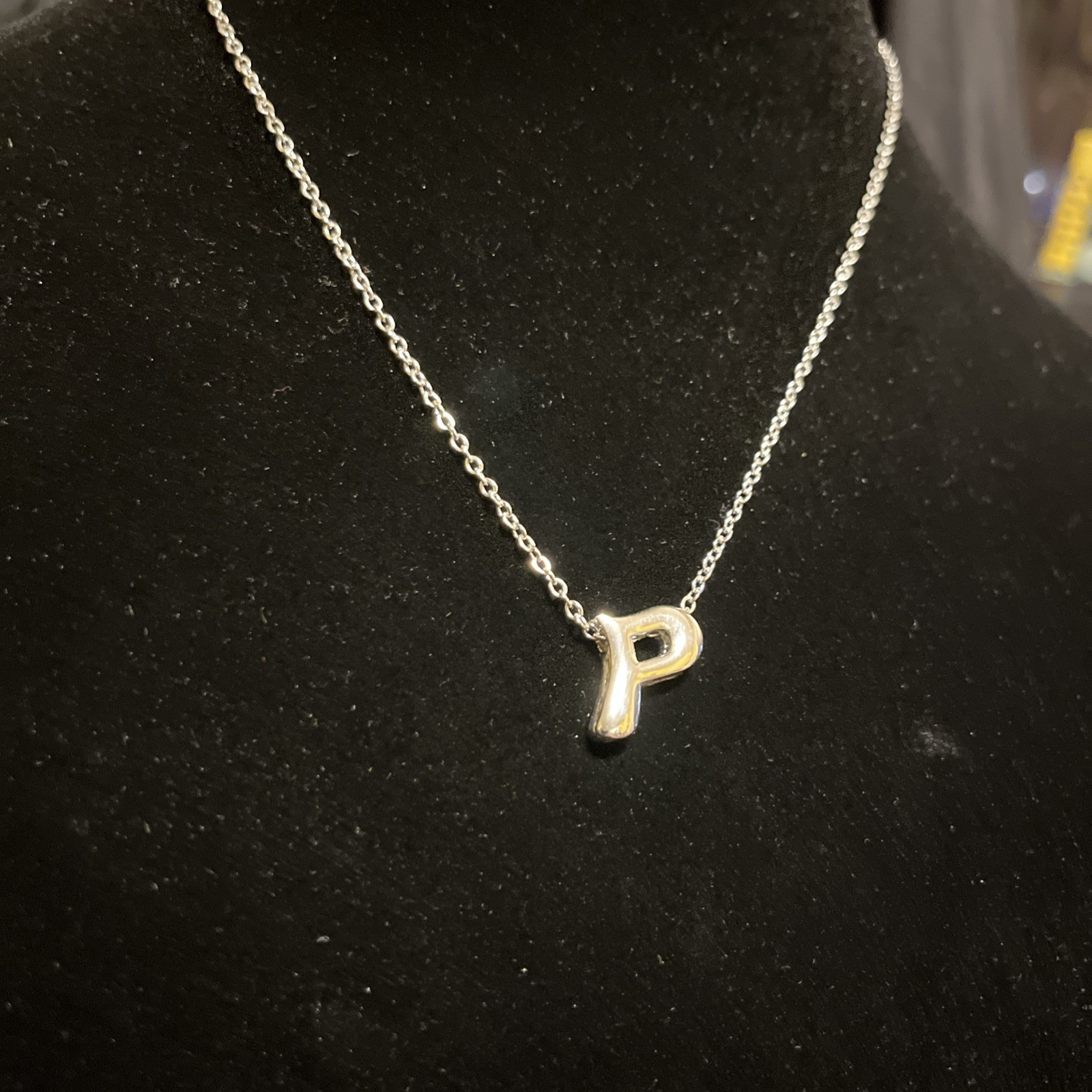 Vtg 70s SARAH COV Rhodium Plate Bubble Letter P School Days Slider Necklace NOS
