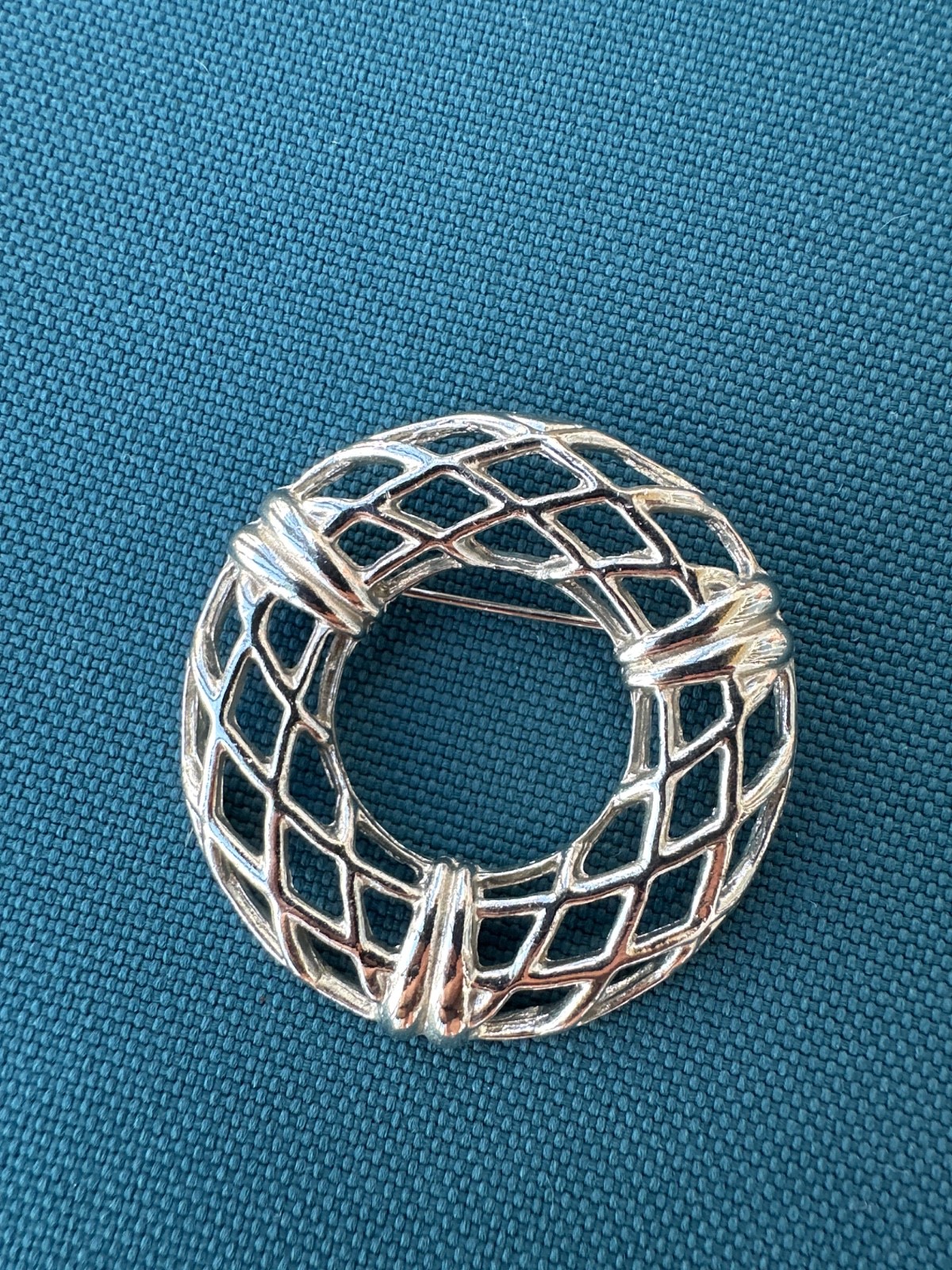 Vintage Silver Tone Openwork Circle Brooch, Geometric Lattice Pin, Classic Round