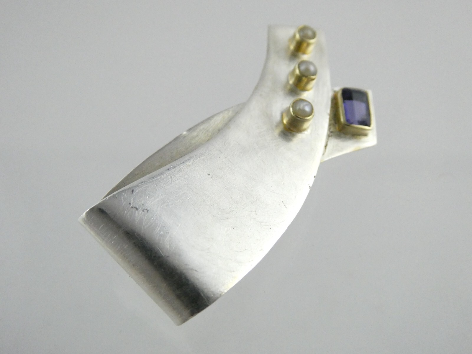 Artisan Designer Sterling Silver Seed Pearl Iolite Pin Pendant Brooch 8.9g 925