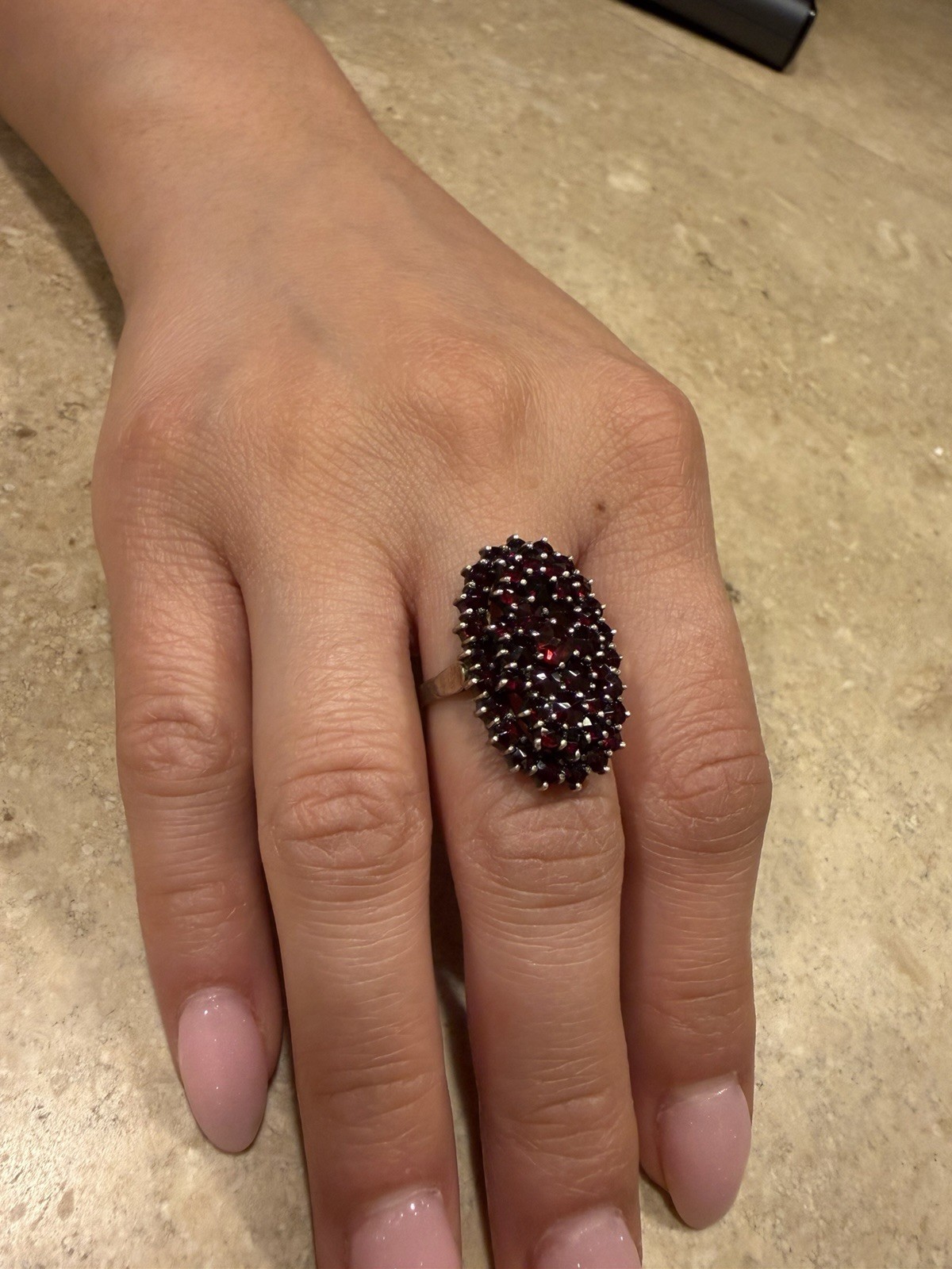 Czech Antique Edwardian 900 Silver Bohemian Garnet Tiered Cluster Ring Sz7.25