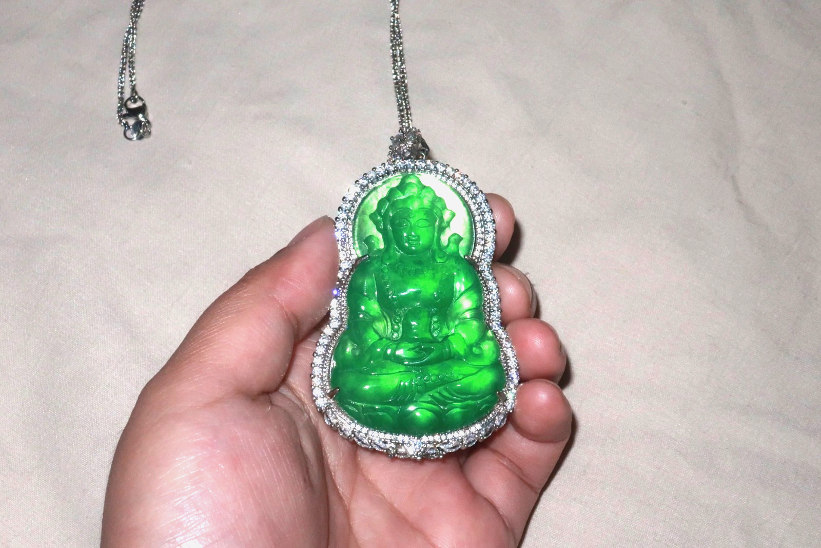 Rare Type A Natural Icy Green Jadeite Guanyin Pendant Translucent Feicui Deity
